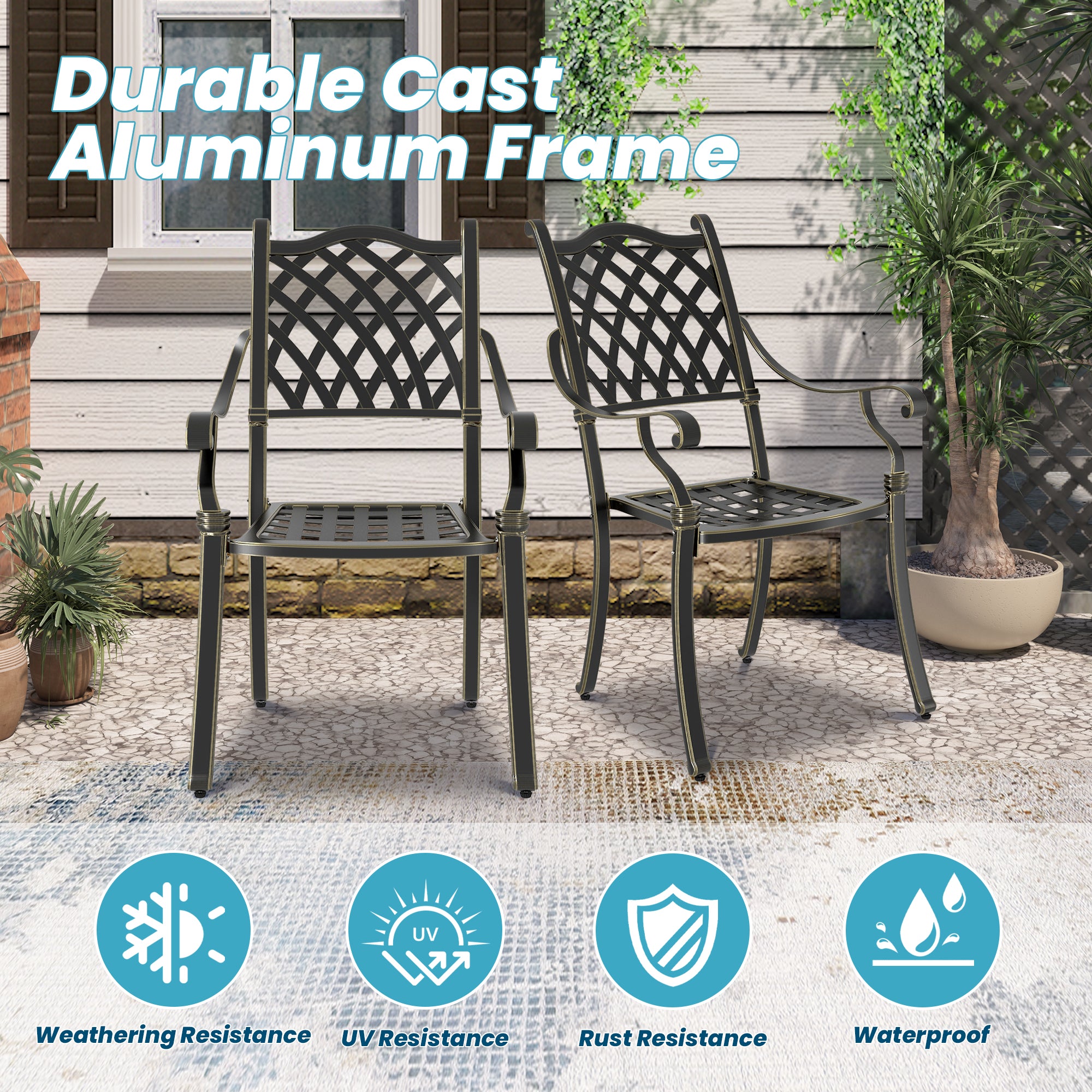Set of 2 Bronze/White Cast Aluminum Patio Dining Chairs