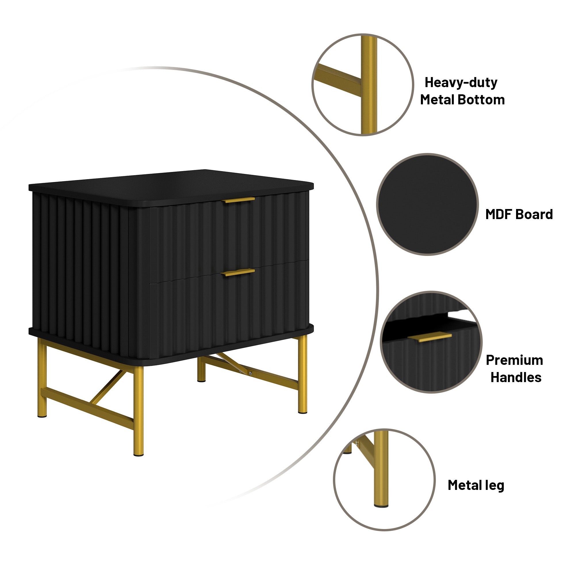19 Inch Nightstand，Modern End Table with 2 Drawers，2 Tier Side Table with Gold Legs for Bedroom, Living Room, Black