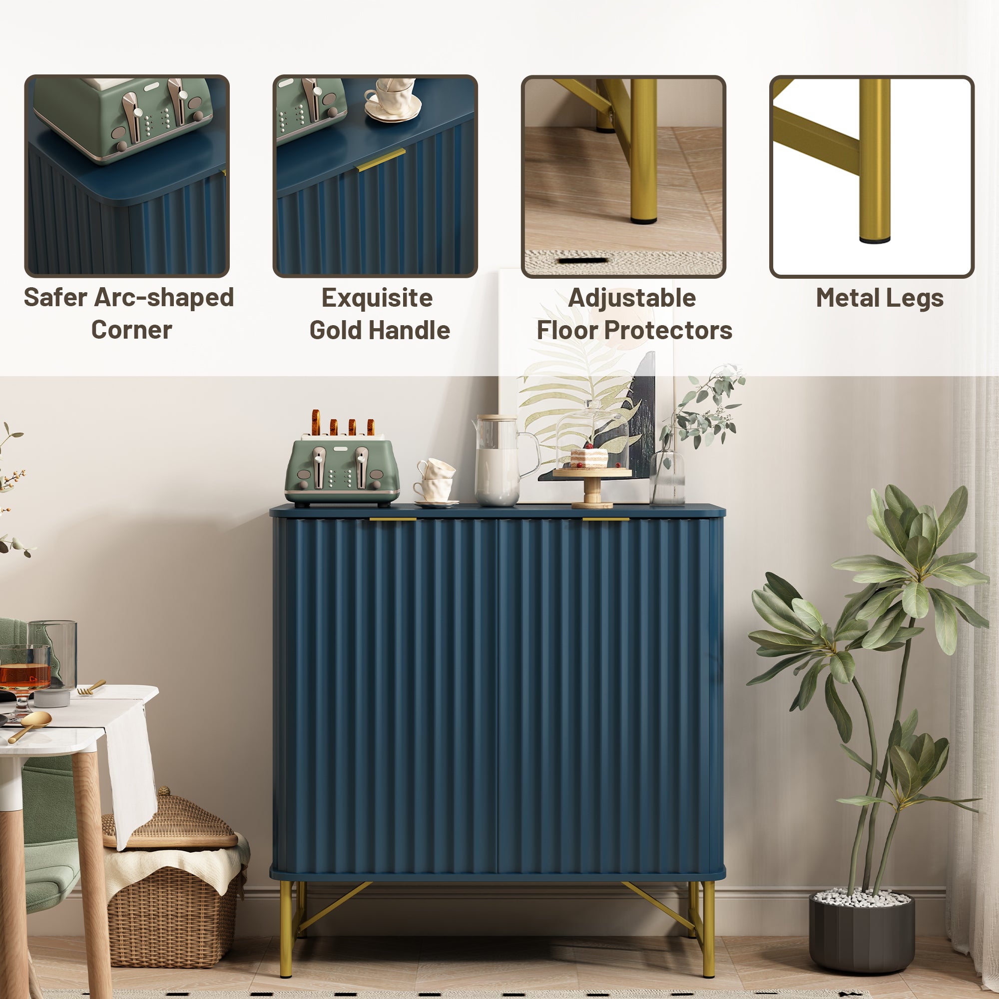 Sideboard Buffet Storage Cabinet with 2 Doors，32 Inch Monden Free-Standing Accent Cabinet with Gold Legs for Hallway, Living Room