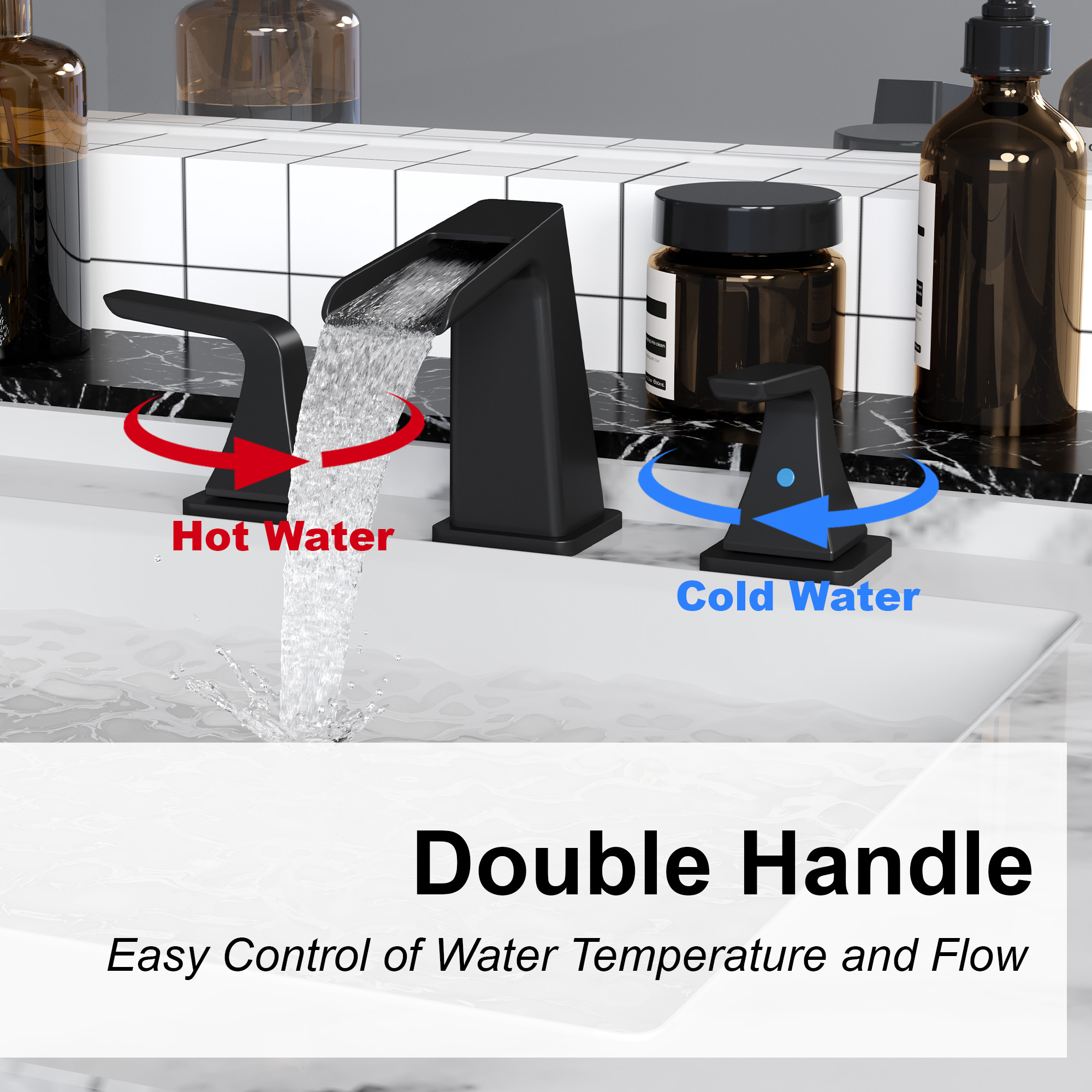 8 in. Widespread 2-Handle Waterfall Spout Bathroom Faucet with Pop-Up Drain Kit in Brushed Nickel/Brushed Gold/Matte Black