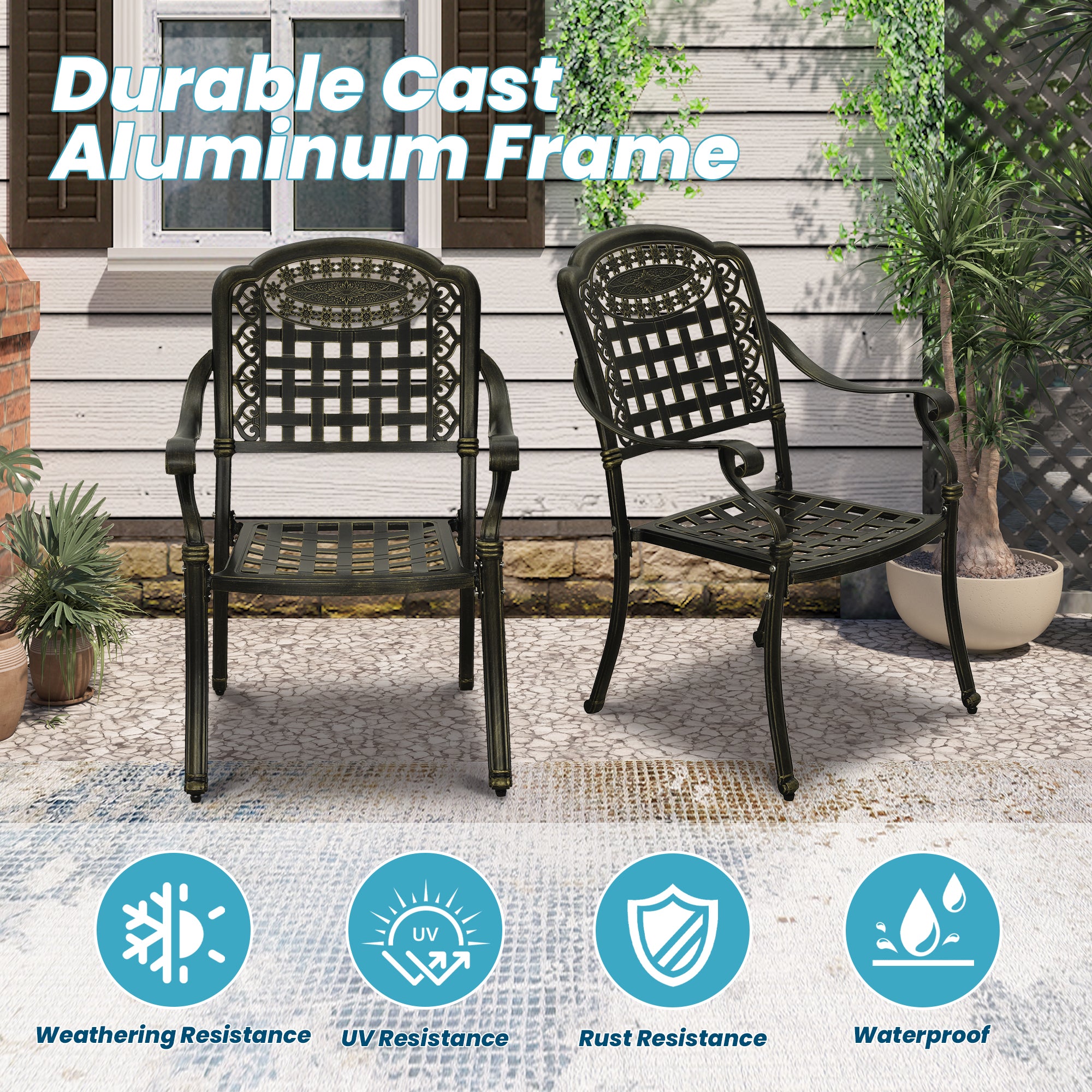 Cast Aluminium Patio Chairs Set of 2 White/Bronze Aluminum Frame Stationary Dining Chair with Mesh Seat