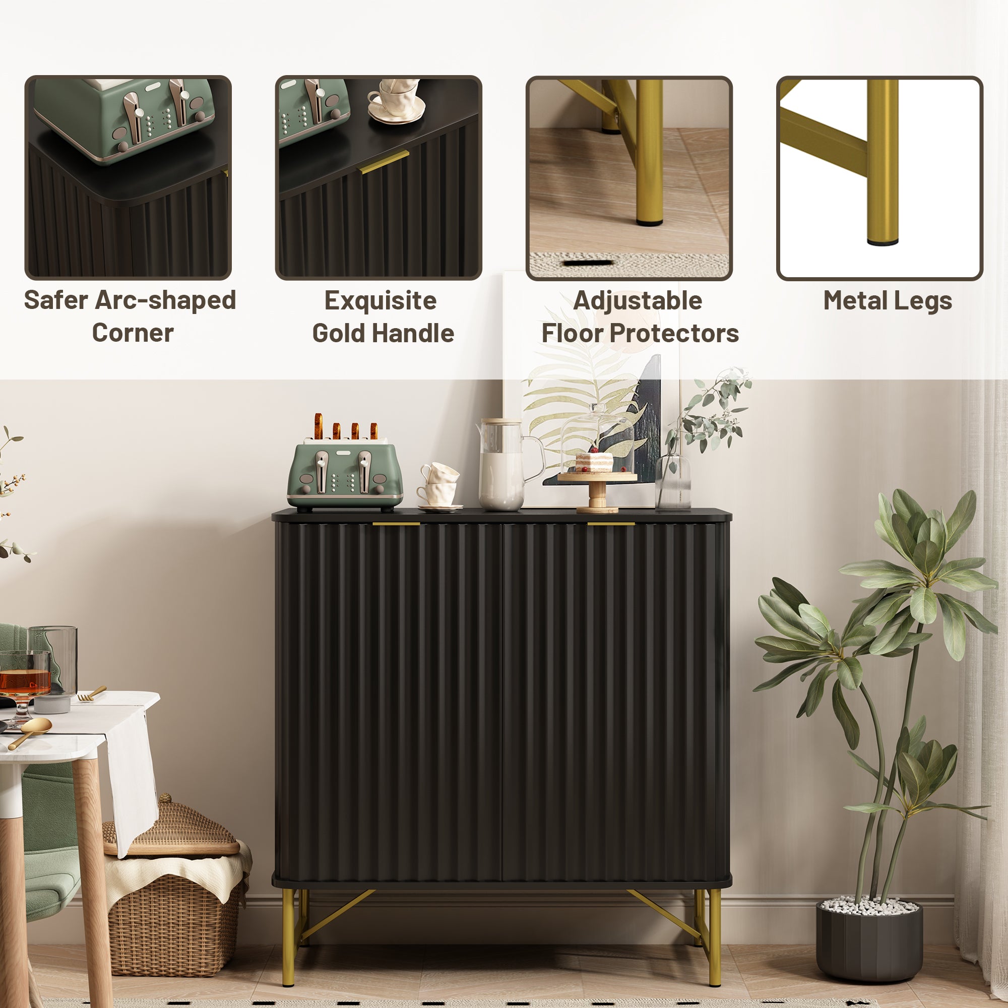 Sideboard Buffet Storage Cabinet with 2 Doors，32 Inch Monden Free-Standing Accent Cabinet with Gold Legs for Hallway, Living Room