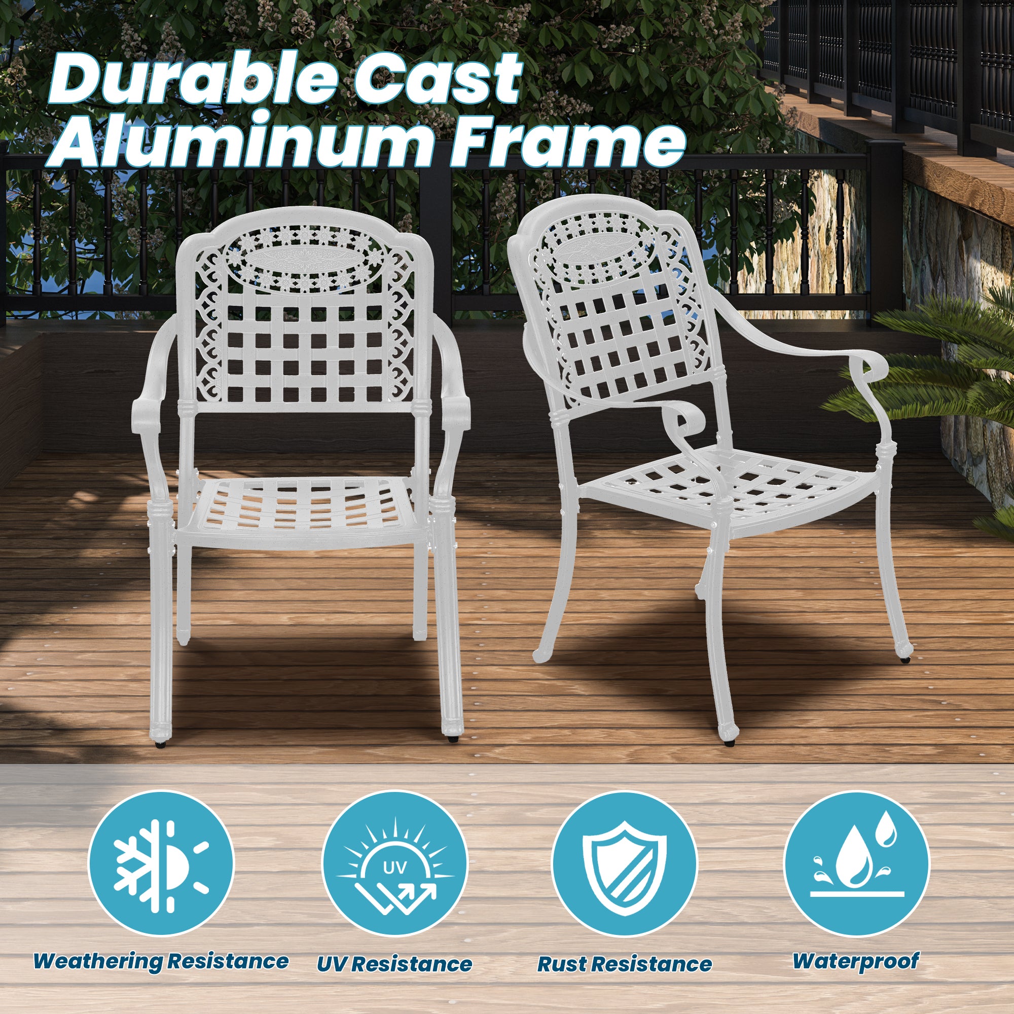 Cast Aluminium Patio Chairs Set of 2 White/Bronze Aluminum Frame Stationary Dining Chair with Mesh Seat