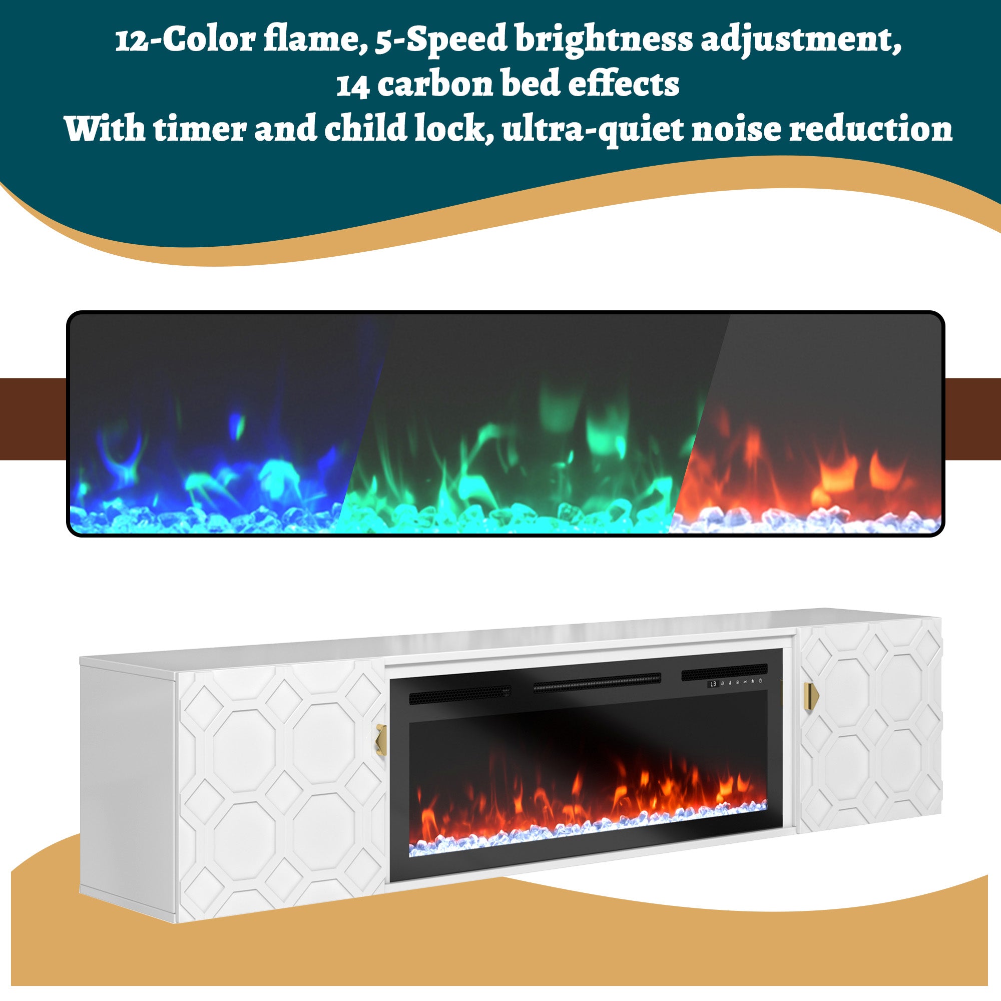 67.32-in W White Fan-forced Electric Fireplace , 5 levels of brightness adjustment, 14 charcoal bed effects