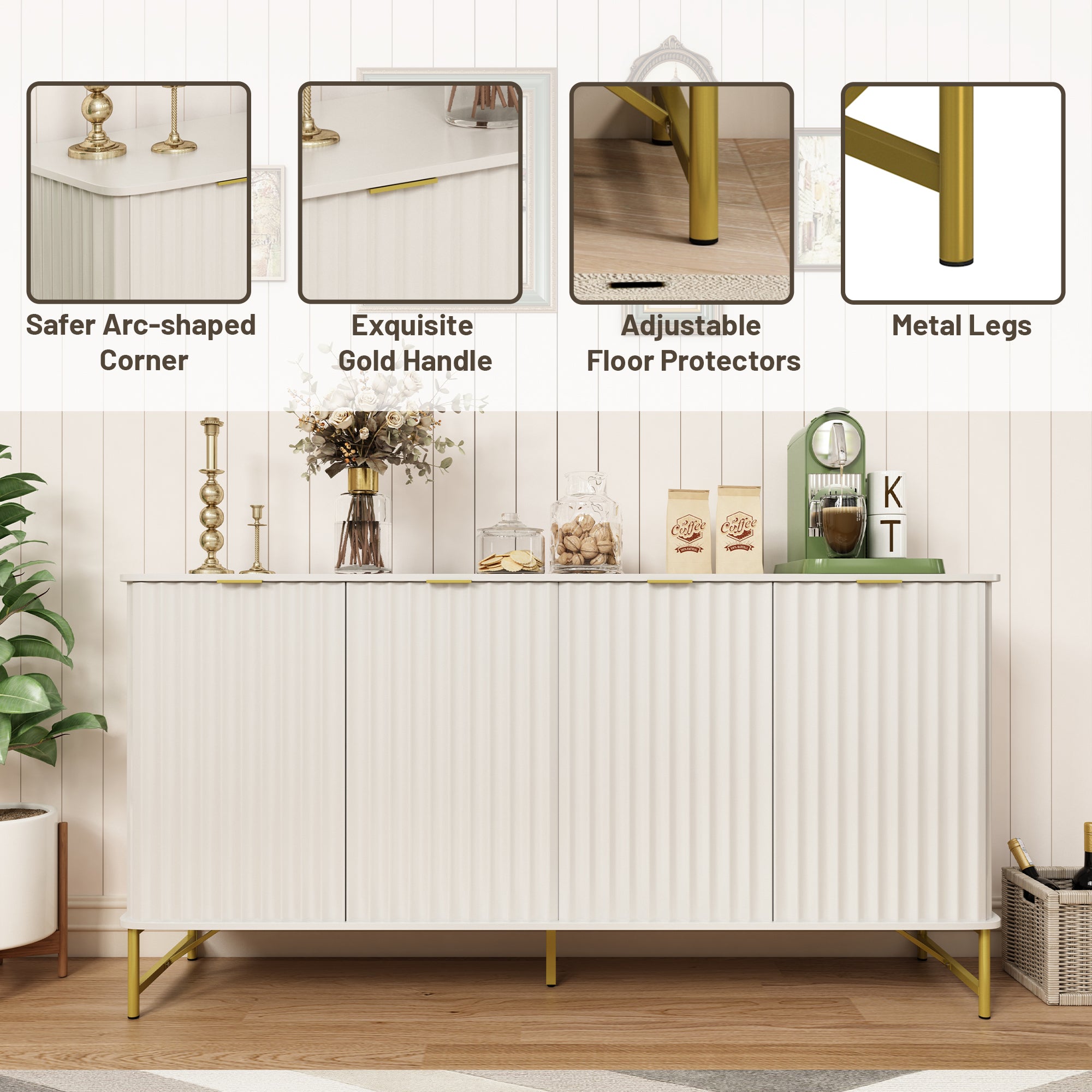 Storage Cabinet with 4 Doors，63 Inch Monden Accent Cabinet，Free-Standing Sideboard with Gold Legs for Hallway, Living Room