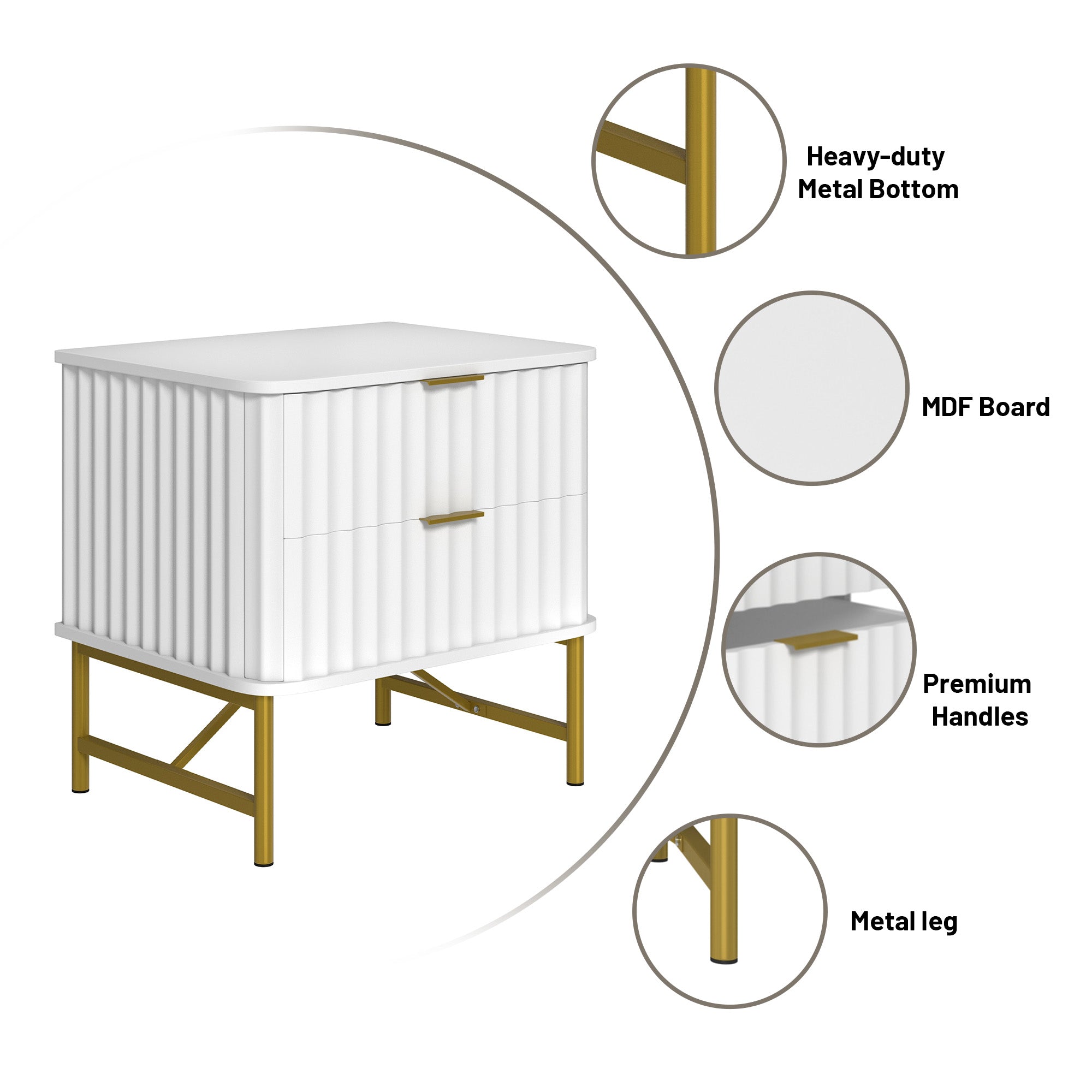 19 Inch Nightstand，Modern End Table with 2 Drawers，2 Tier Side Table with Gold Legs for Bedroom, Living Room, Black