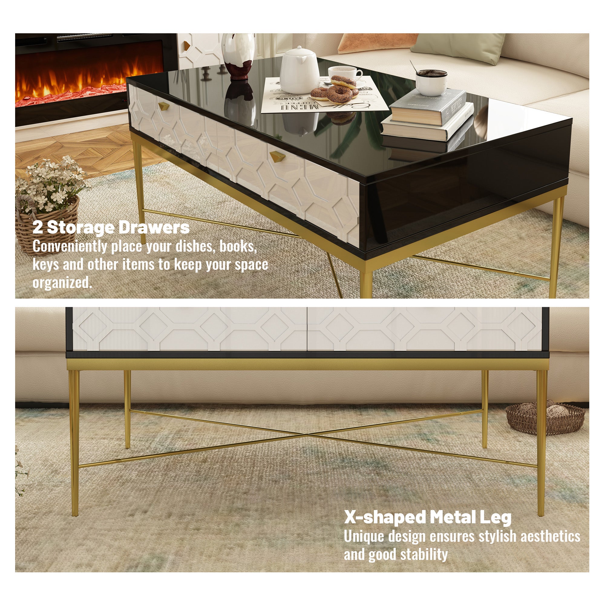 47'' Coffee Table for Living Room, Modern Coffee Table with Storage, Wood Coffee Table Center Table with 2 Drawers, High Gloss, Metal Legs