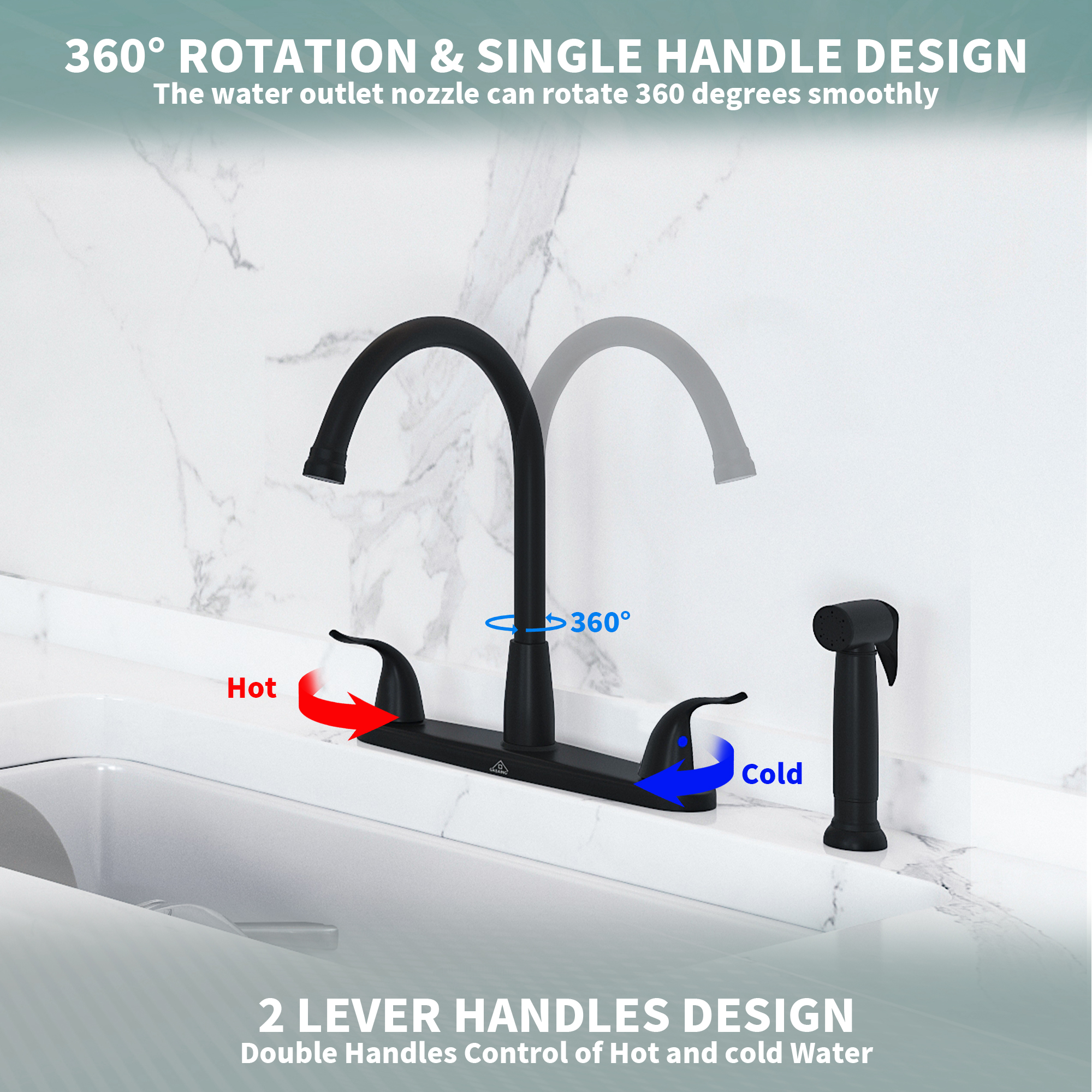 Double Handle Standard Kitchen Faucet with Side Sprayer in Matte Black