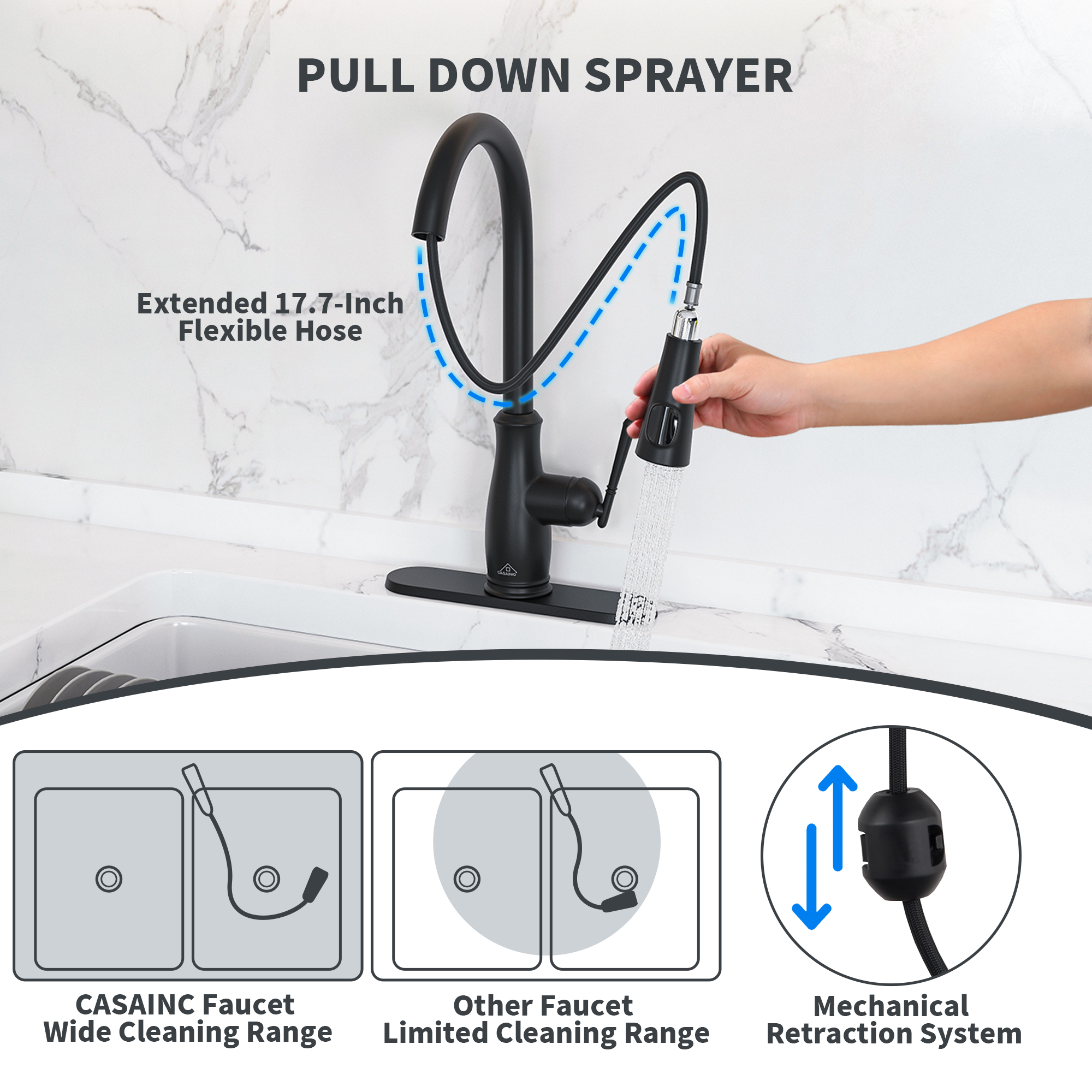 Single Handle Pull Down Sprayer Kitchen Faucet with Intelligent Temperature Display in Matte Black