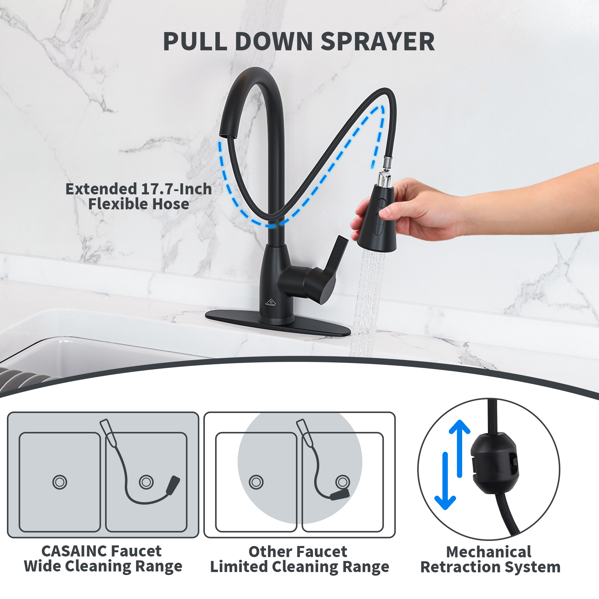 Single Handle Pull Down Sprayer Kitchen Faucet with Three Functions Spray Head in Matte Black