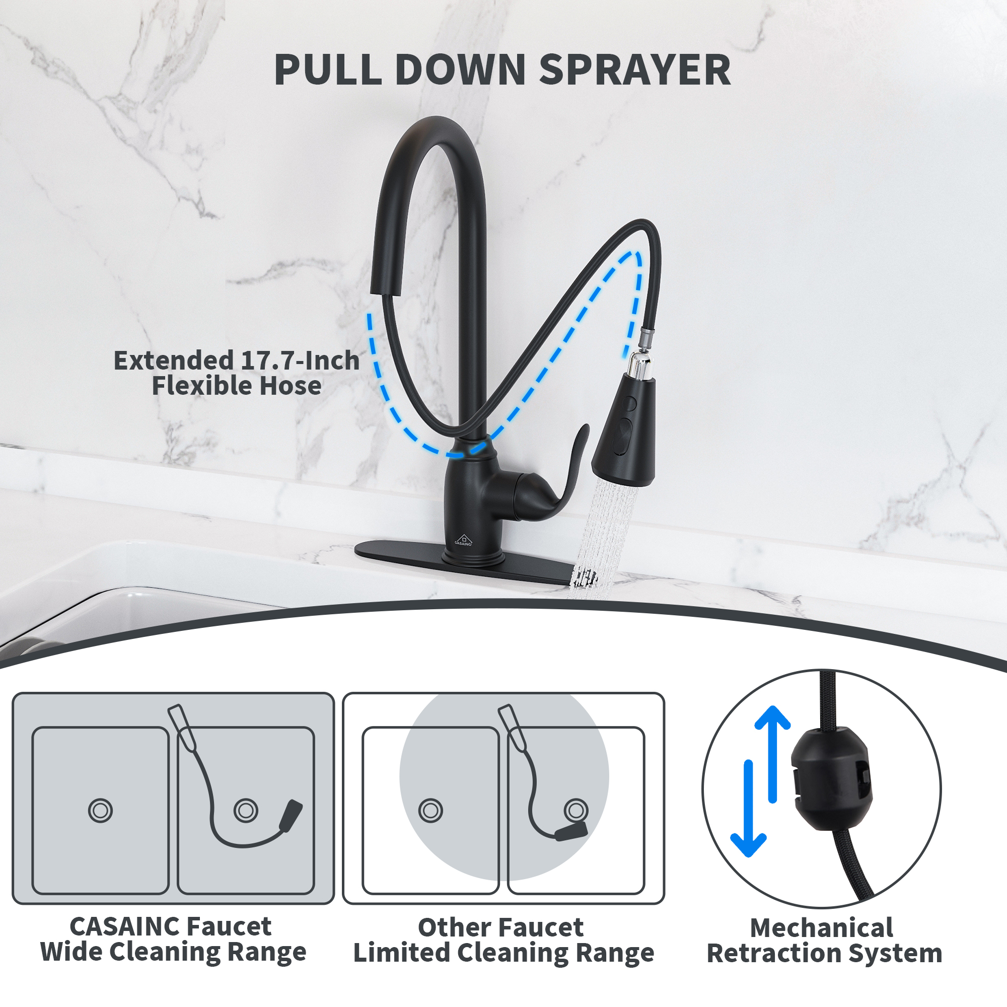 Single Handle Pull Down Sprayer Kitchen Faucet with Three Functions Spray Head in Matte Black
