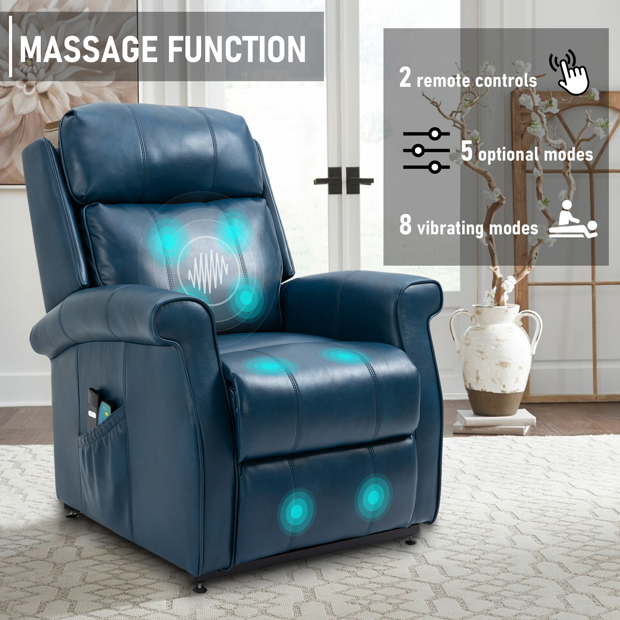 Boyel Living Electric Power Lift Recliner Soft Chair in Blue with 8-Point Massage, 2 Side Pockets,Thickened Pillow(Faux Leather)