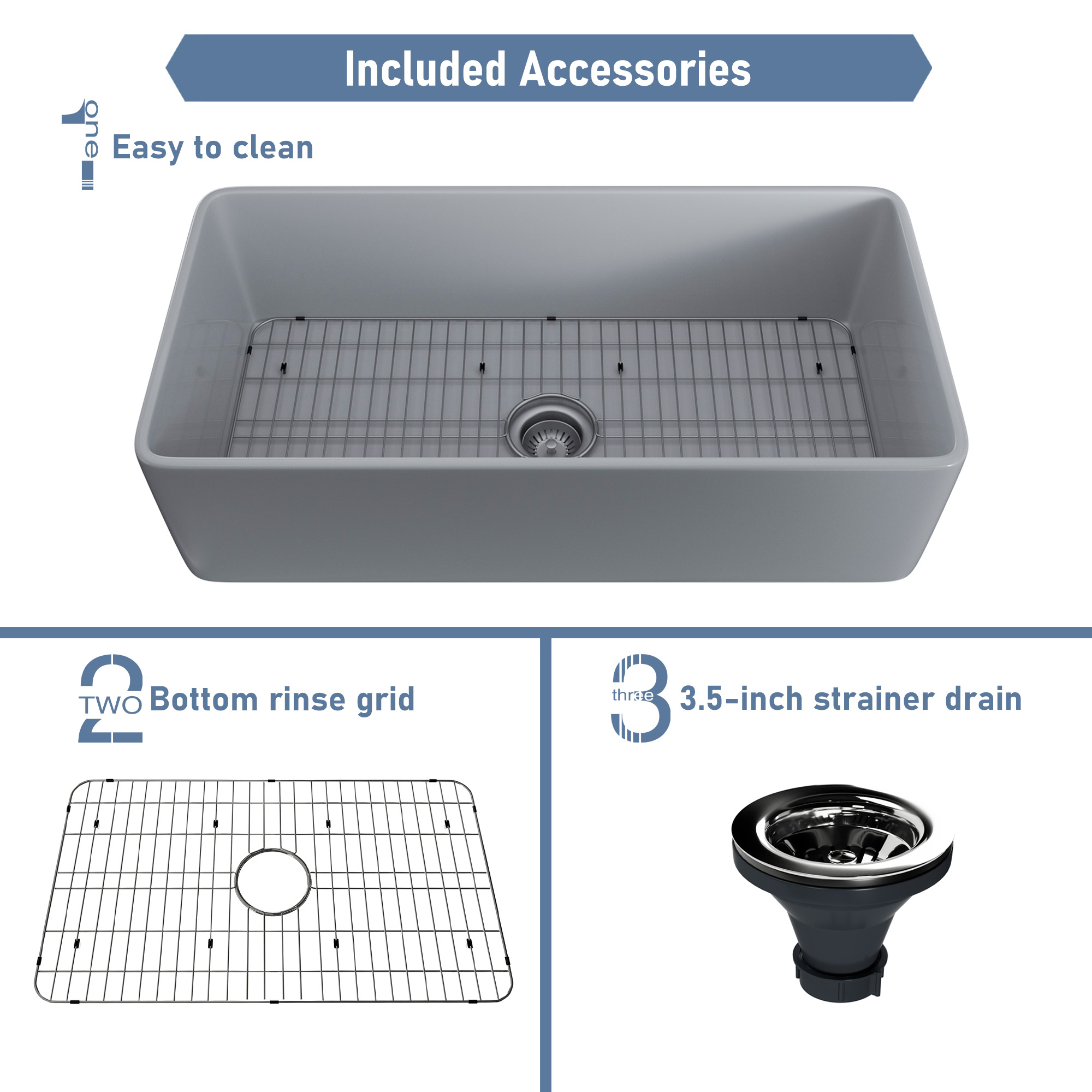 Matte Grey Farmhouse Apron Front Fireclay Single Sink with Grid and Drainer 