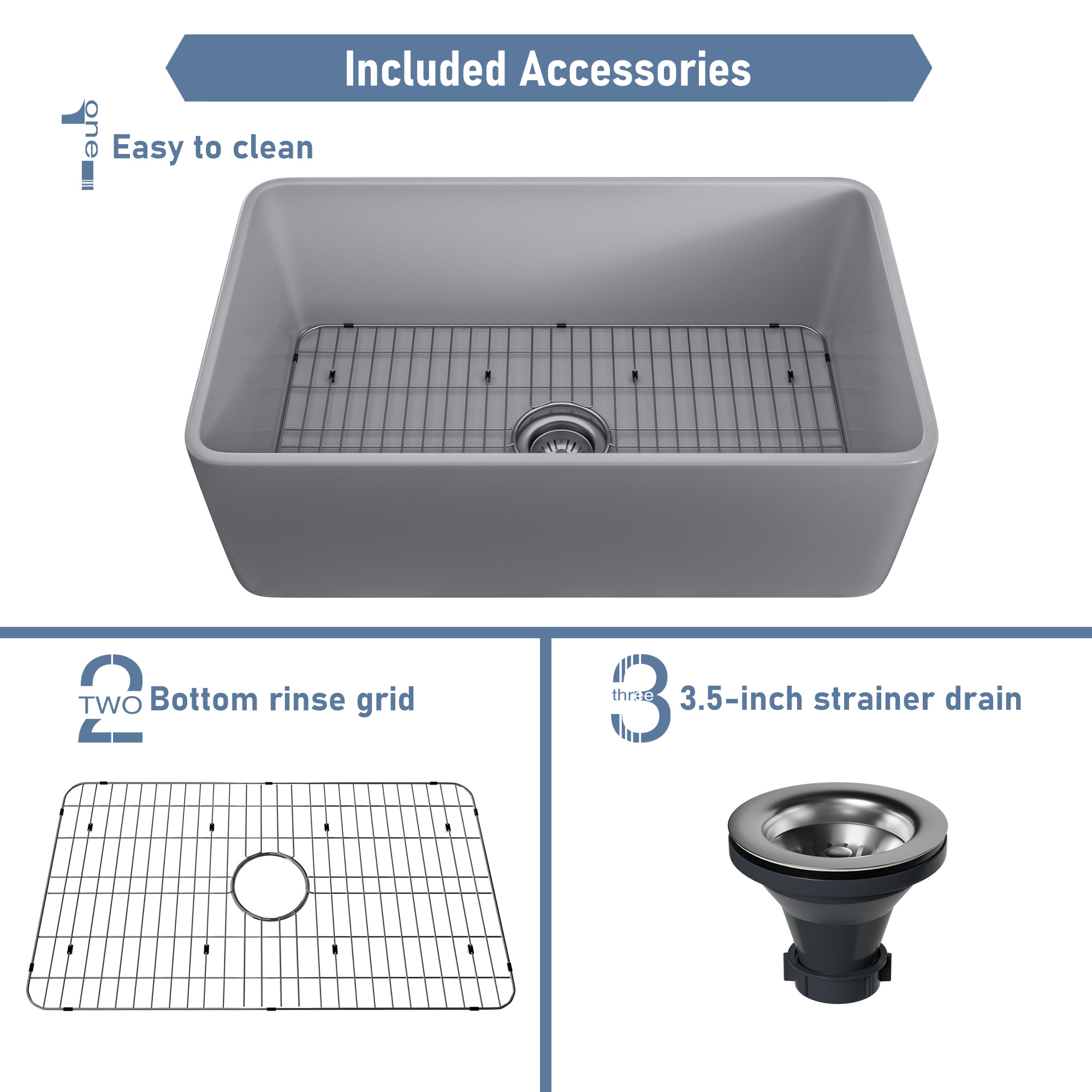 Matte Grey Farmhouse Apron Front Fireclay Single Sink with Grid and Drainer 
