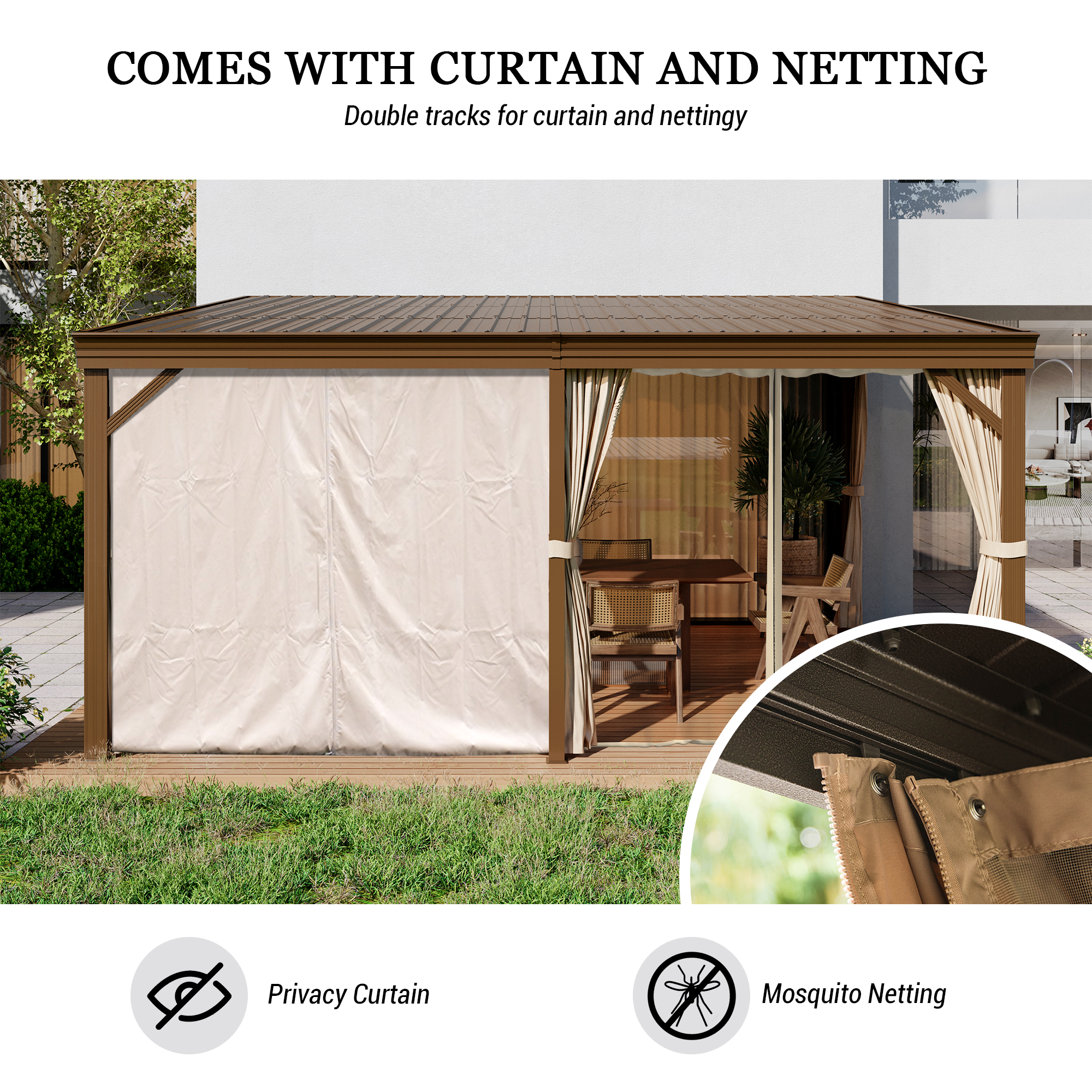 12x16FT Lean to Gazebo, Hardtop Wall Mounted Gazebo with Sloping Galvanized Steel Roof, Aluminum Frame, Drainage System, Curtains and Netting, for Patio, Deck, Garden, Backyard