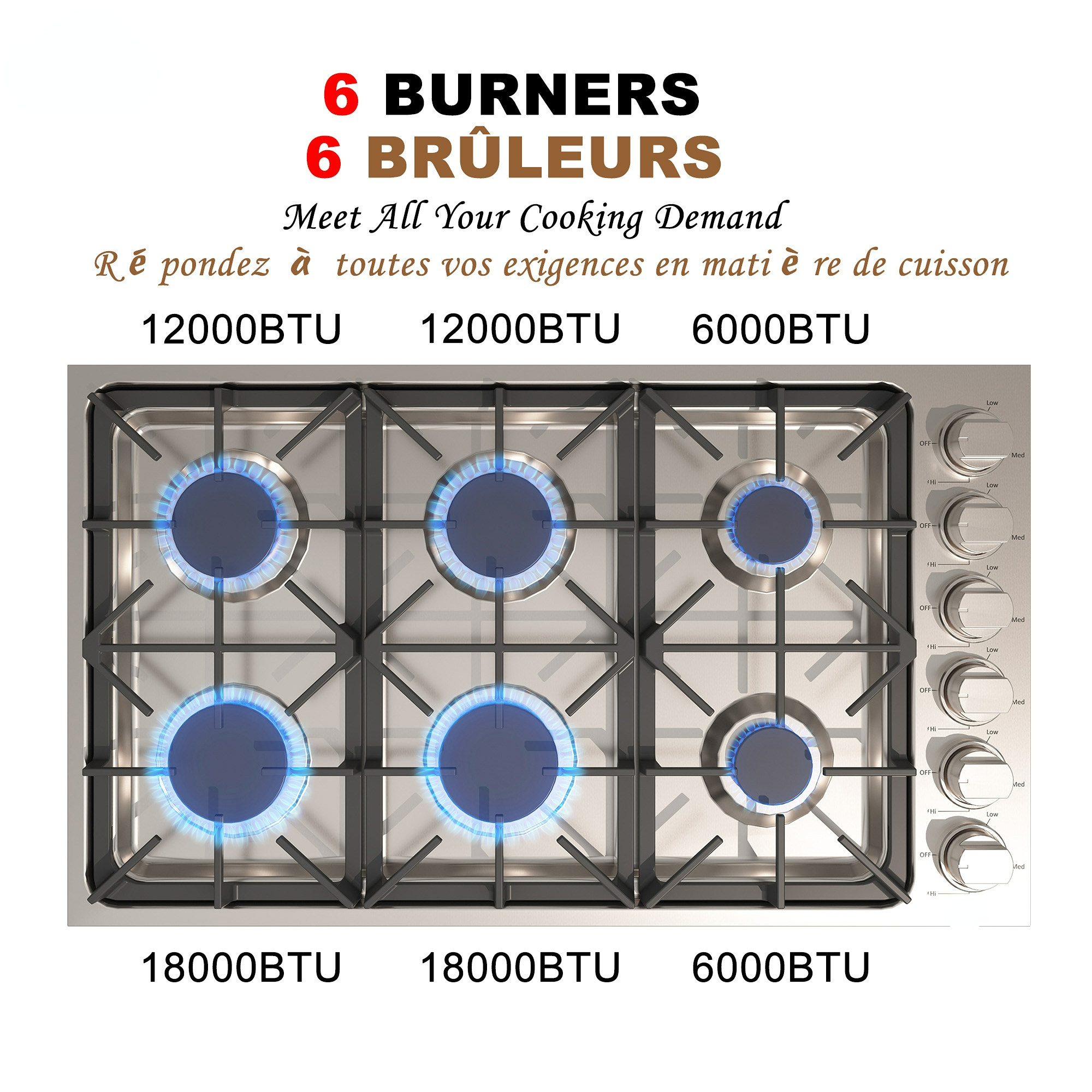 36 in. 6 Burners Recessed Gas Cooktop in Stainless Steel with LP Conversion Kit, CSA Certified