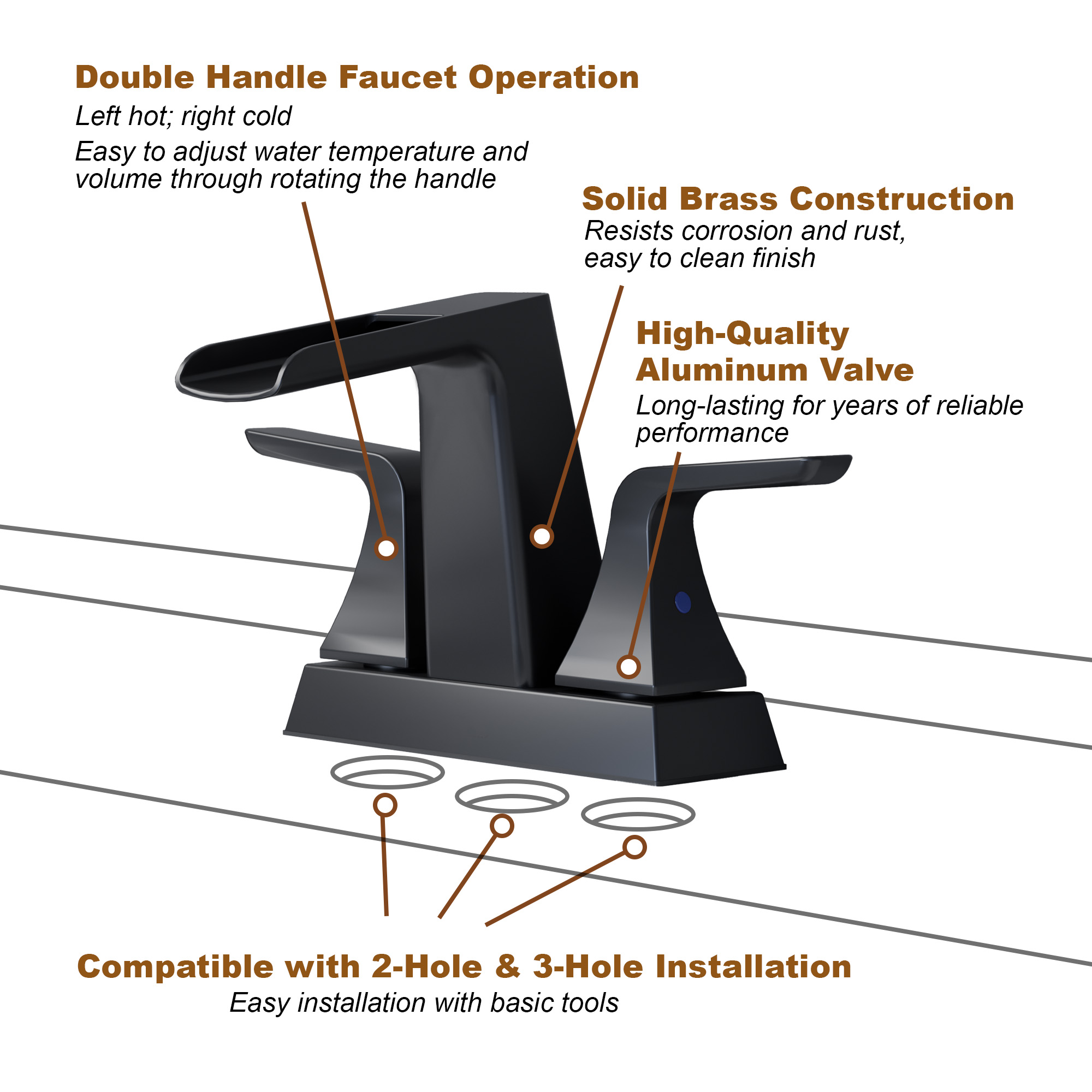 4 in. Centerset 2-Handle Waterfall Spout Mid Arc Lavatory Bathroom Faucet with Pop-Up Drain Kit in Brushed Gold/Matte Black