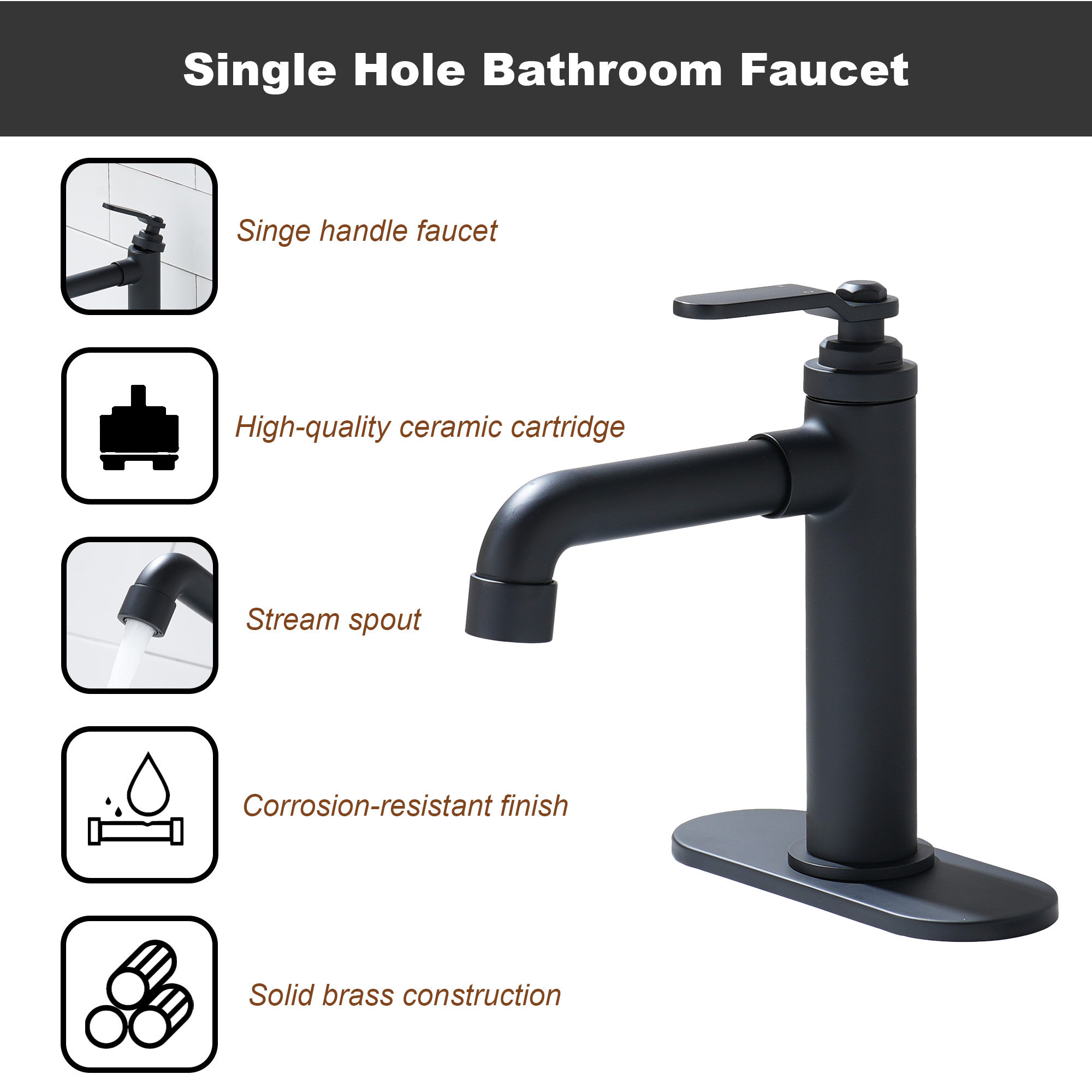 1.2 GPM Single Handle Single Hole Vessel Bathroom Faucet with Deckplate and Pop-Up Drain Kit in Matte Black
