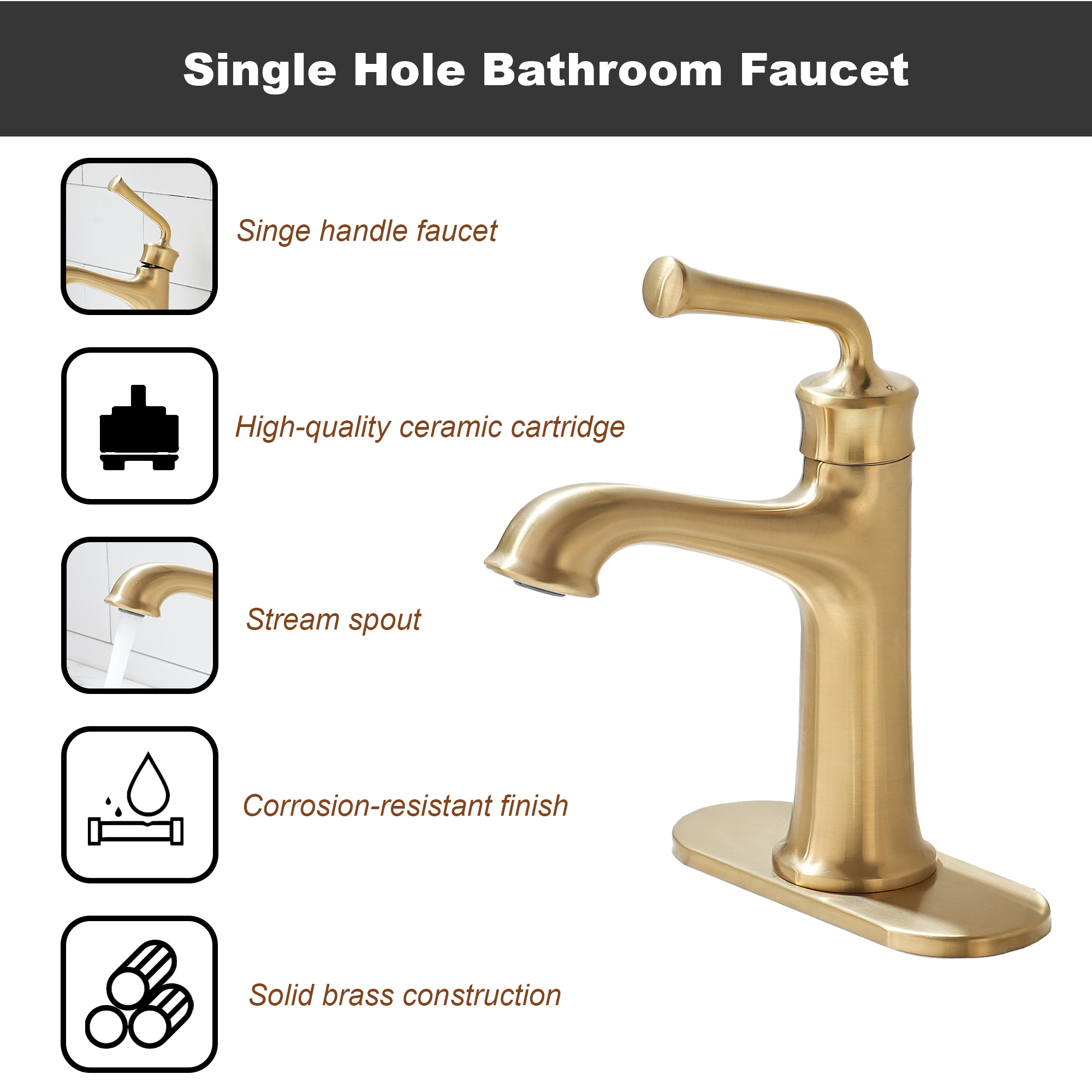 Single Handle Vessel Sink Faucet Single Hole Bathroom Faucet with Waterfall and Deck Plate in Brushed Gold