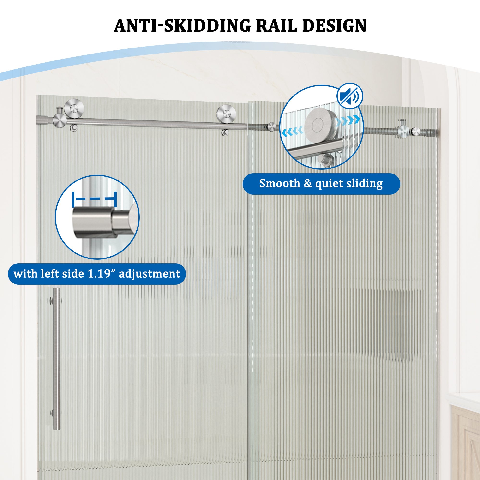 Double sliding frameless shower door with 10mm grooved tempered glass