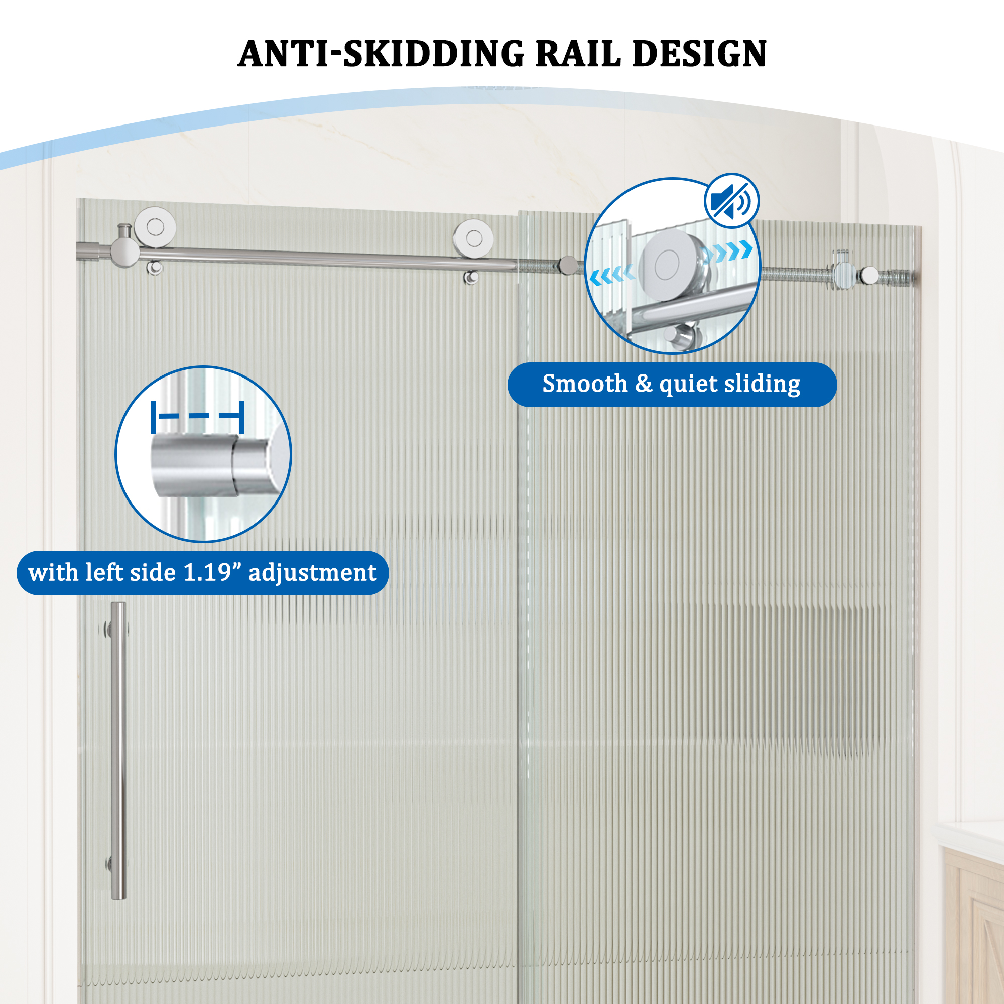 Double sliding frameless shower door with 10mm grooved tempered glass