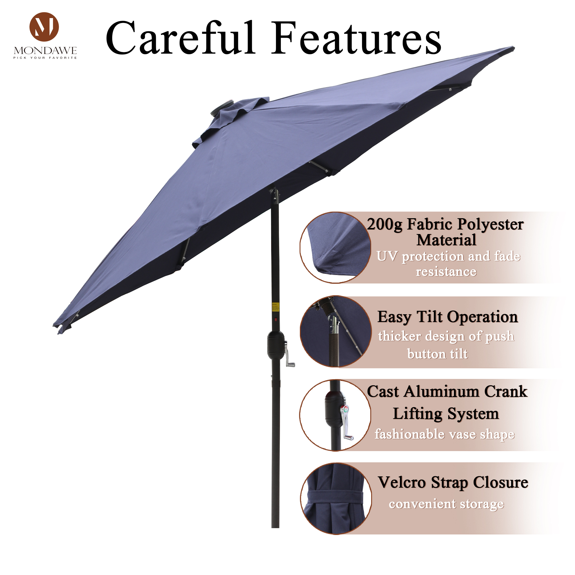Mondawe 9 Ft 32 LED Round Solar Patio Market Umbrella-Mondawe
