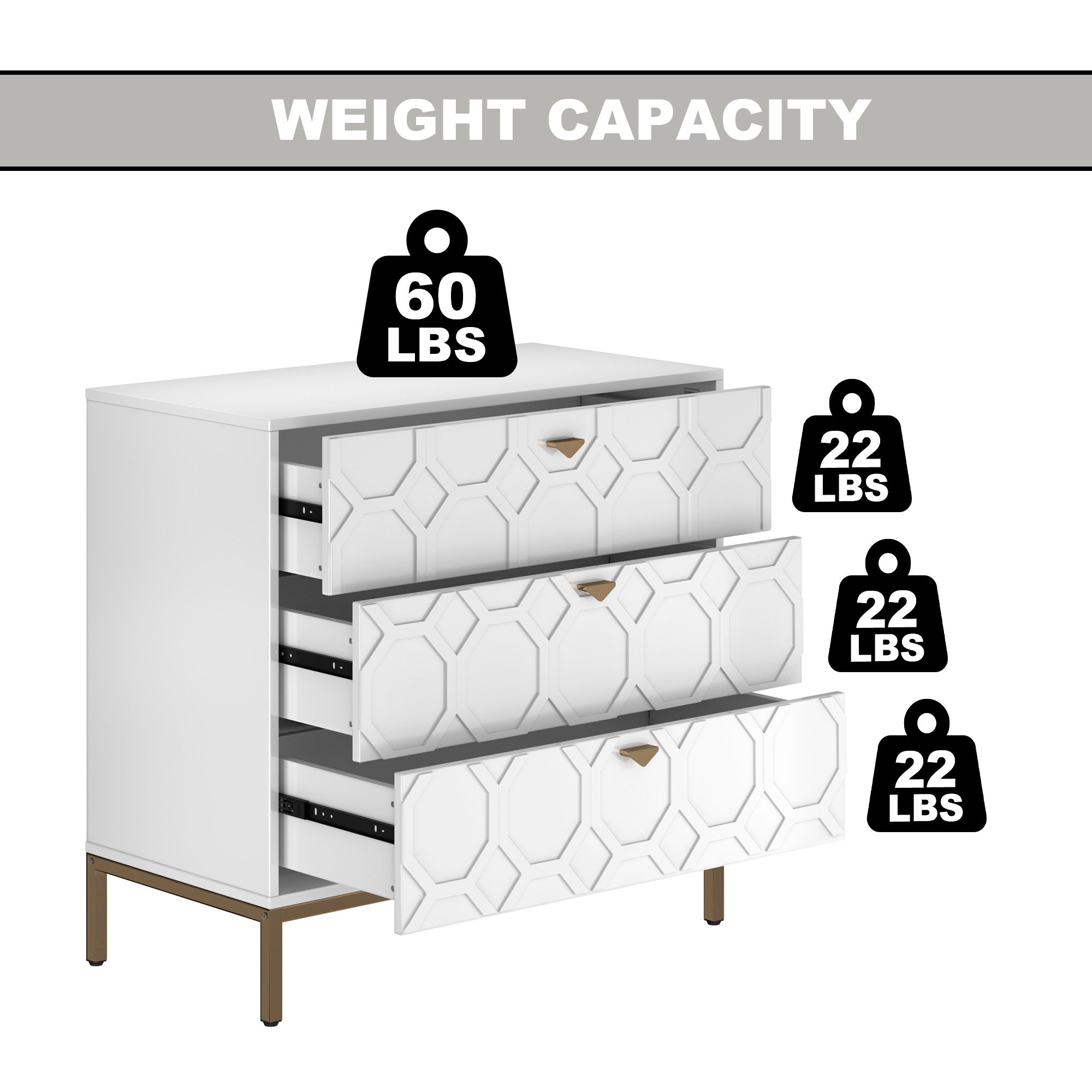 Boyel Living Honeycomb Wooden 3-Drawer Storage Cabinet Table in White