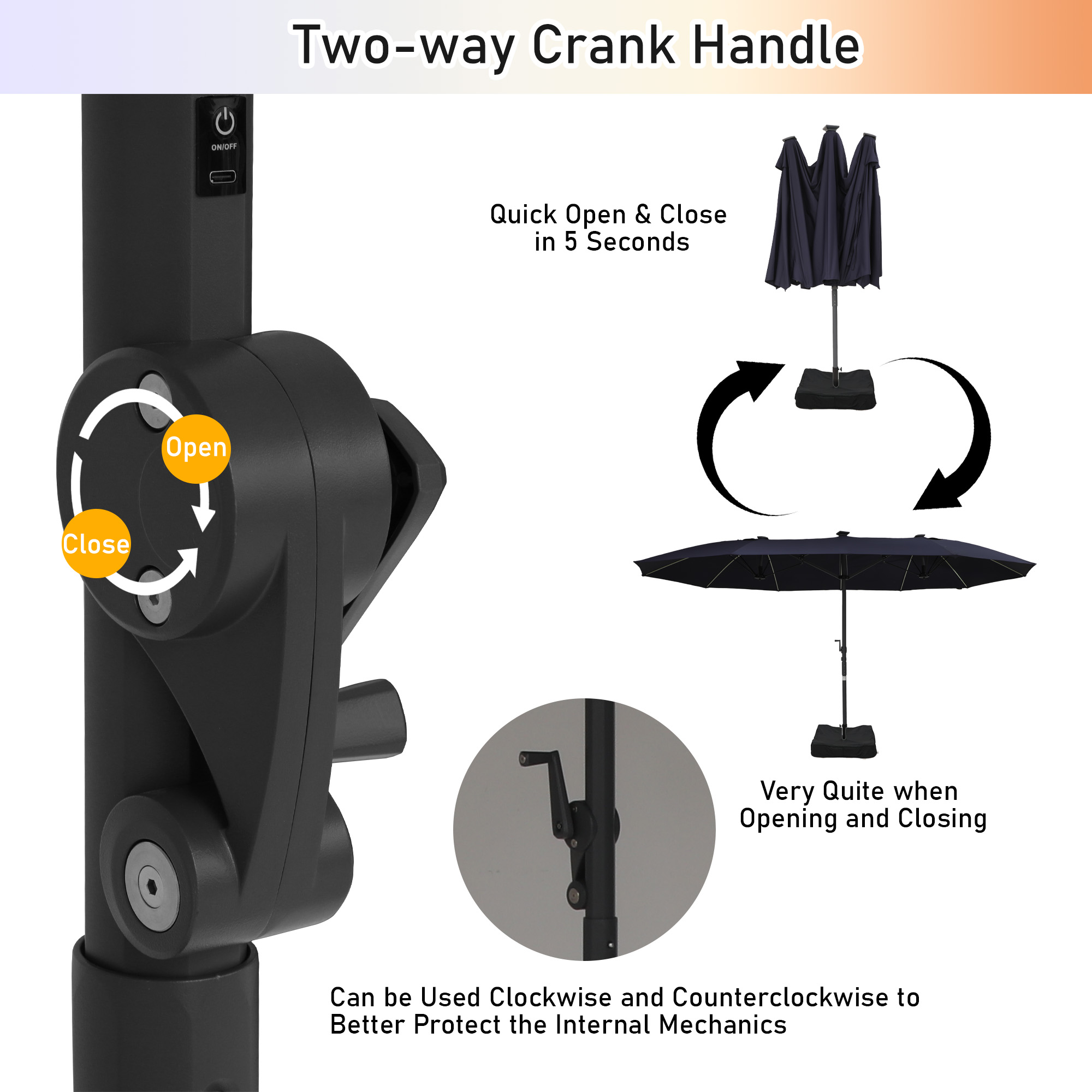 15ft Rectangular Dual-Sided Patio Fiberglass Ribs Umbrella with LED Lights
