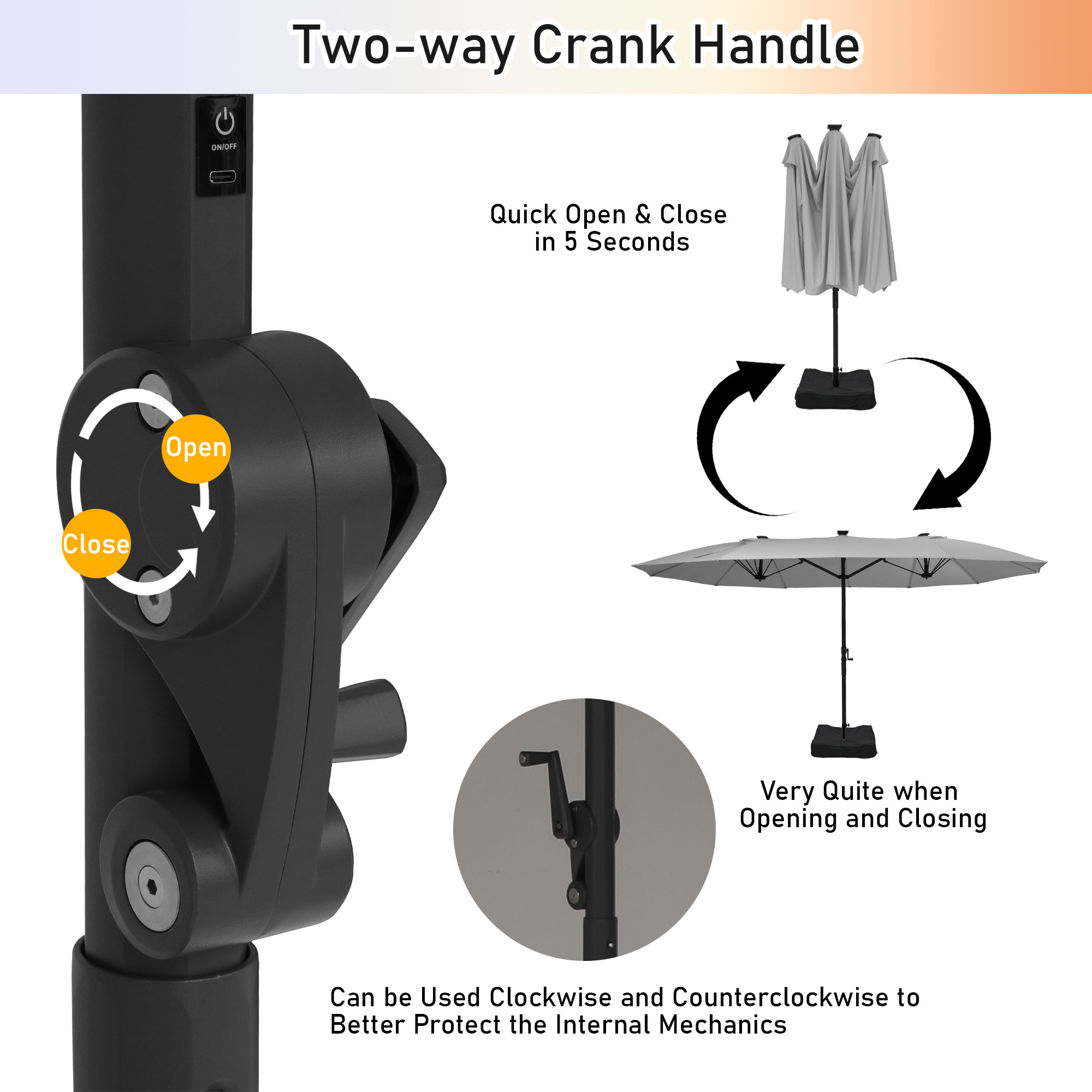 15ft Rectangular Dual-Sided Patio Fiberglass Ribs Umbrella with LED Lights