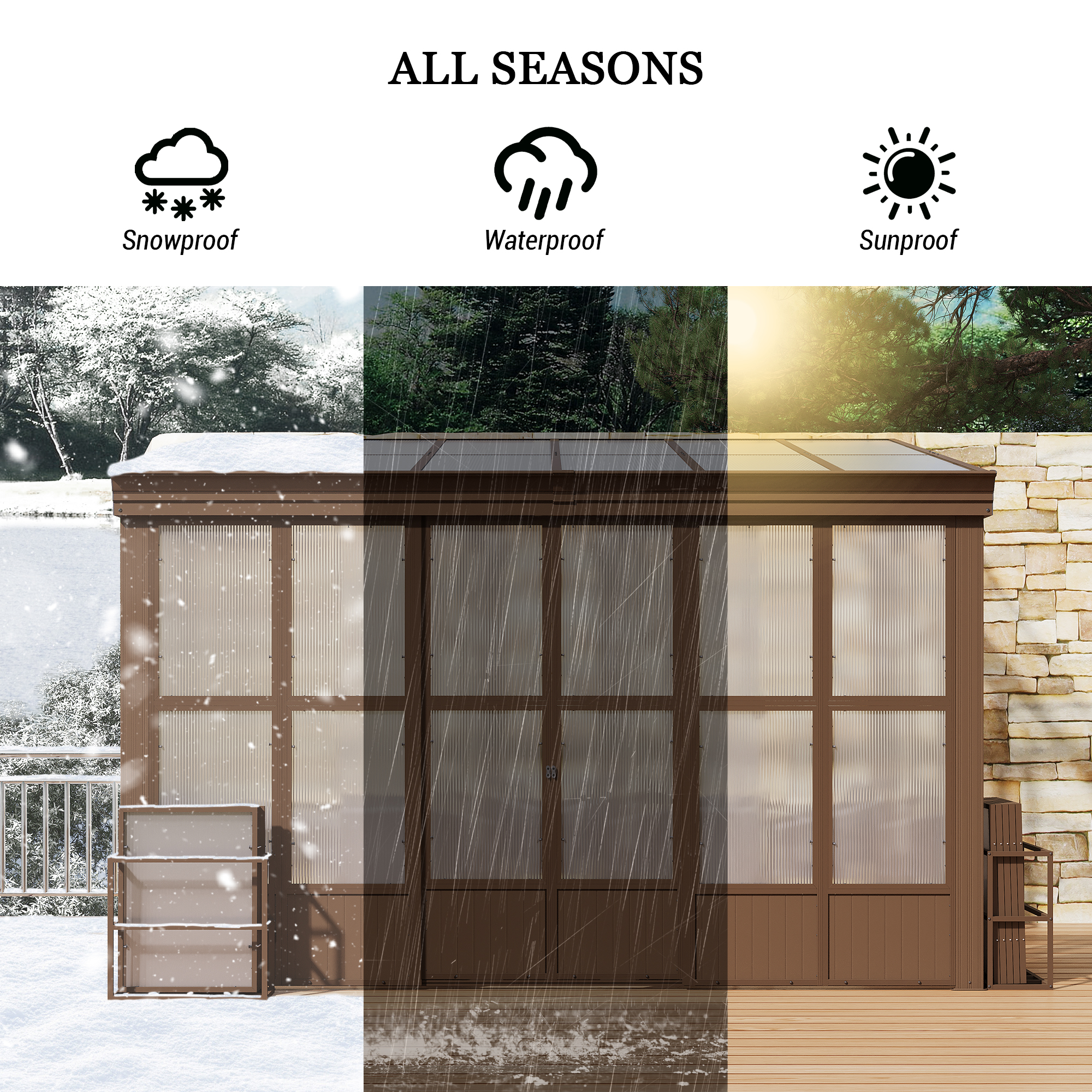 Lean-to Sunroom 10x12FT, Wall Mounted Solarium with Sloping Polycarbonate Roof, Detachable Polycarbonate Screens, 2 Lockable Sliding Doors, Aluminum Gazebo Against Wall Sun Room for Patio Deck