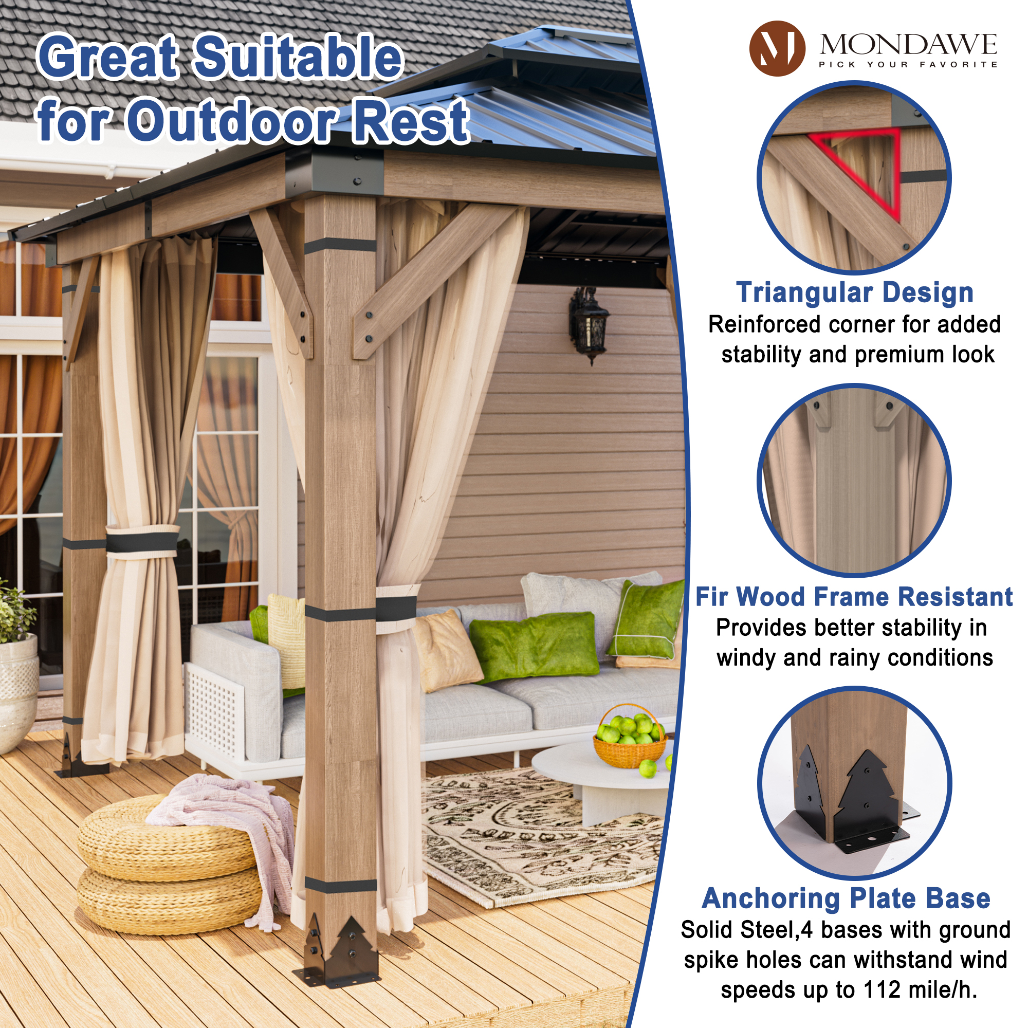 10 ft. x 12 ft. Outdoor Cedar Wood Frame Patio Gazebo Canopy