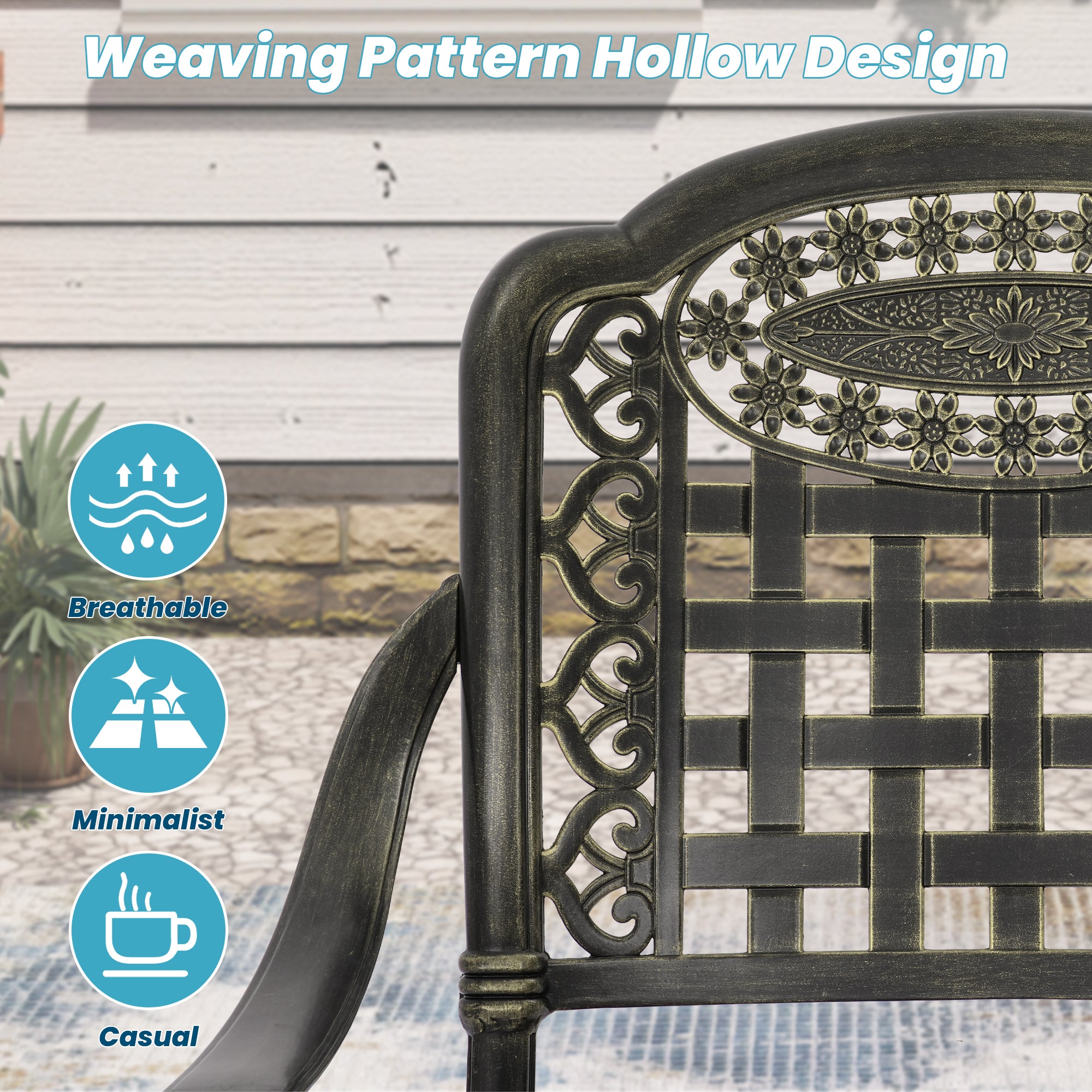 Cast Aluminium Patio Chairs Set of 2 White/Bronze Aluminum Frame Stationary Dining Chair with Mesh Seat