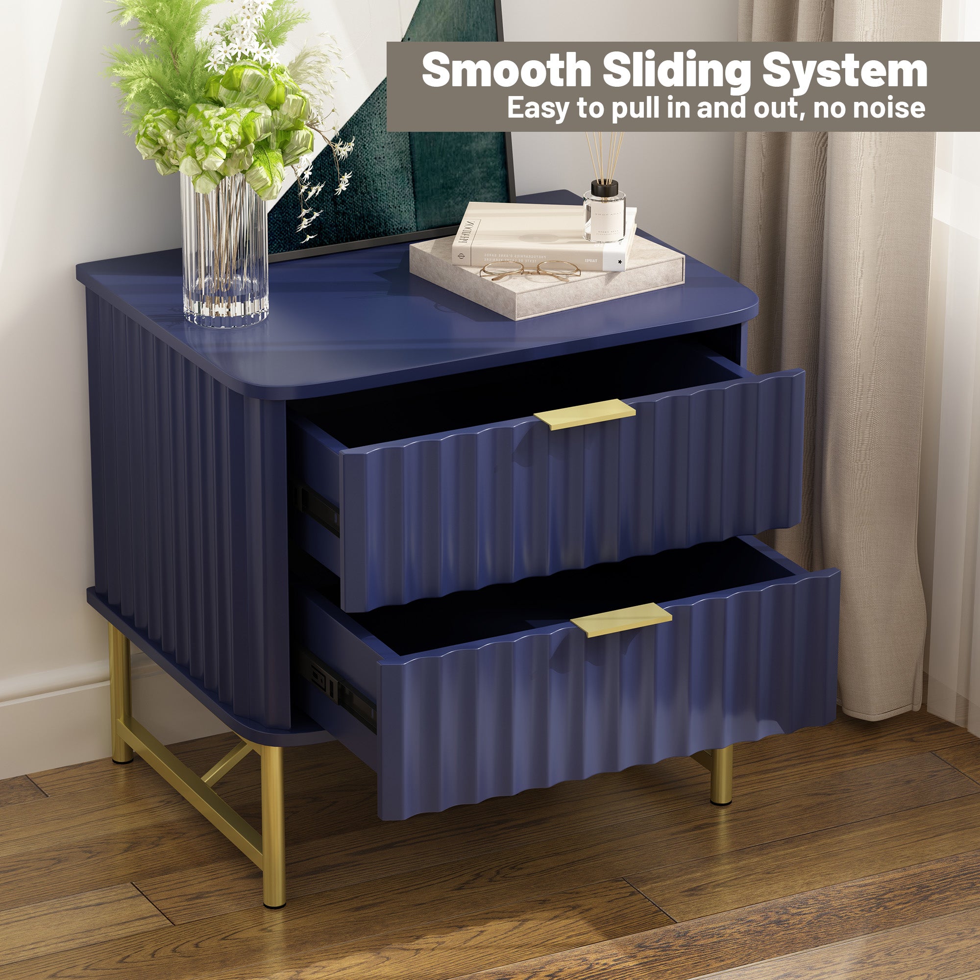 19 Inch Nightstand，Modern End Table with 2 Drawers，2 Tier Side Table with Gold Legs for Bedroom, Living Room, Black