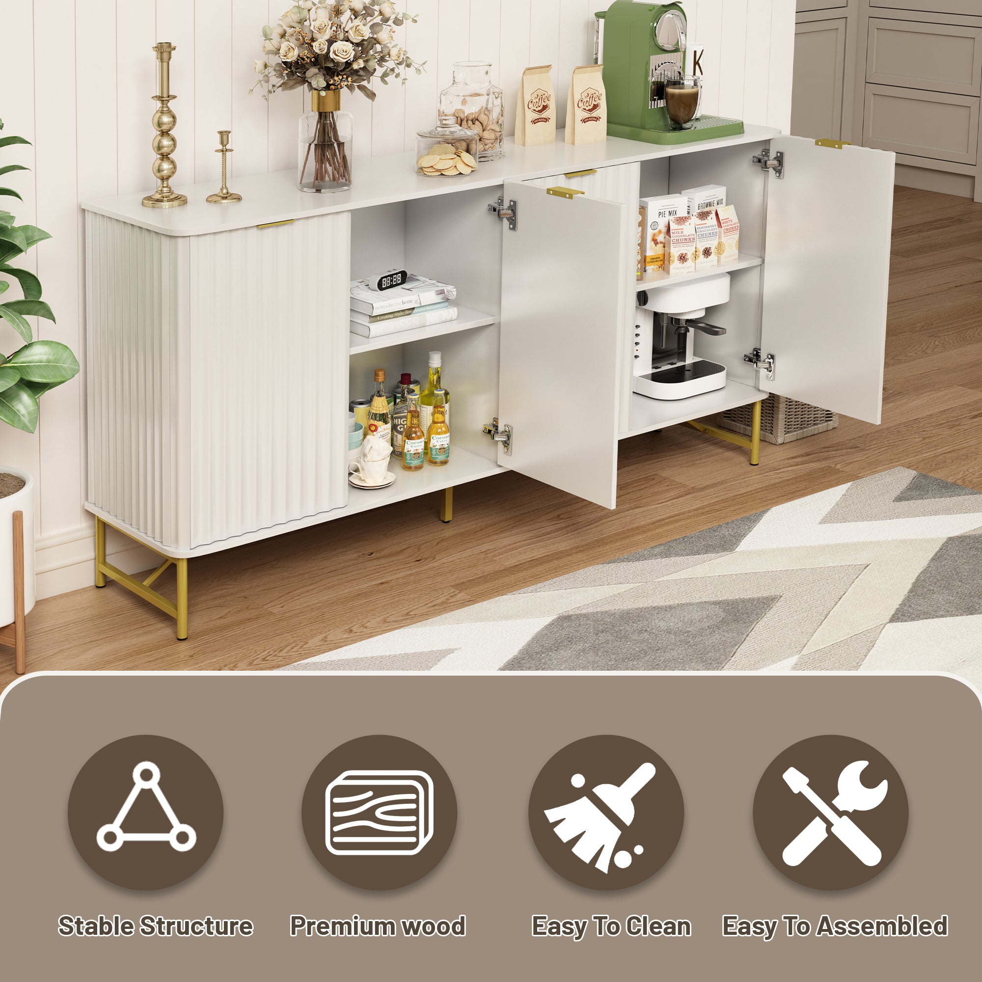 Storage Cabinet with 4 Doors，63 Inch Monden Accent Cabinet，Free-Standing Sideboard with Gold Legs for Hallway, Living Room