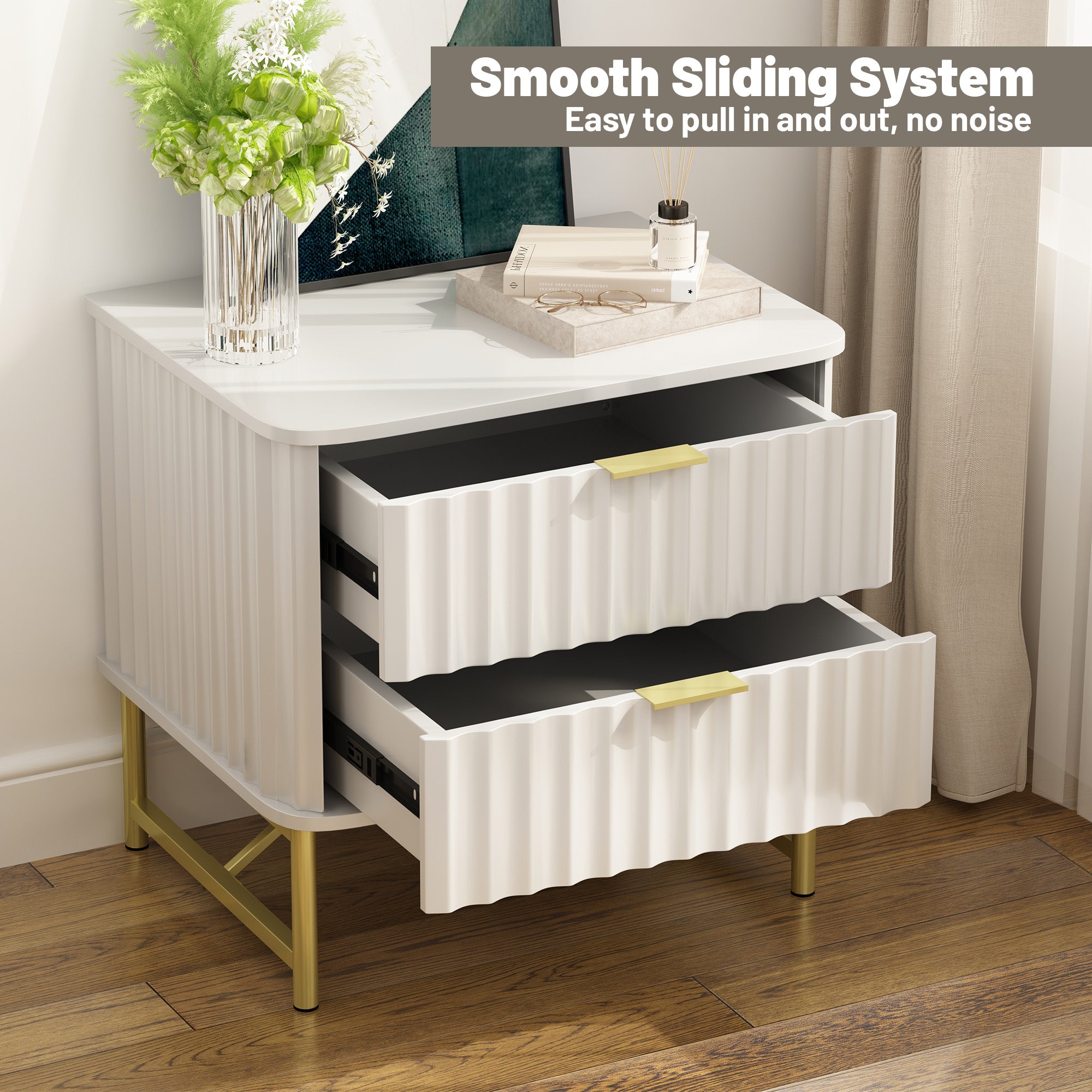 19 Inch Nightstand，Modern End Table with 2 Drawers，2 Tier Side Table with Gold Legs for Bedroom, Living Room, Black