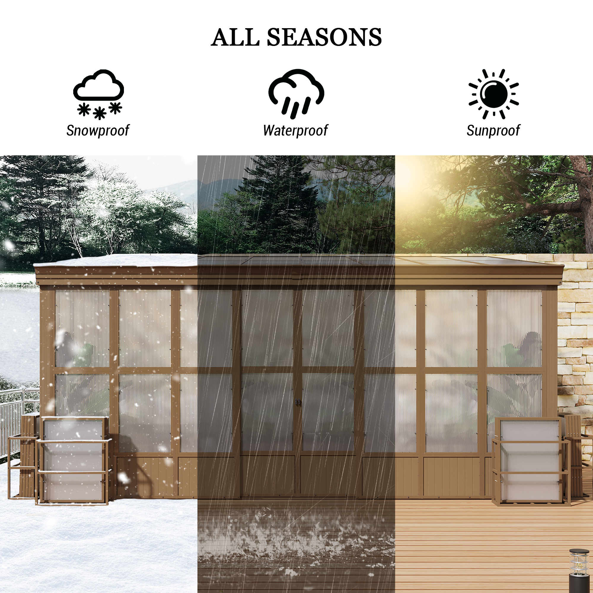 Wall Mounted Solarium with Sloping Polycarbonate Roof, Detachable Polycarbonate Screens, 2 Lockable Sliding Doors, Aluminum Gazebo Against Wall Sun Room for Patio Deck