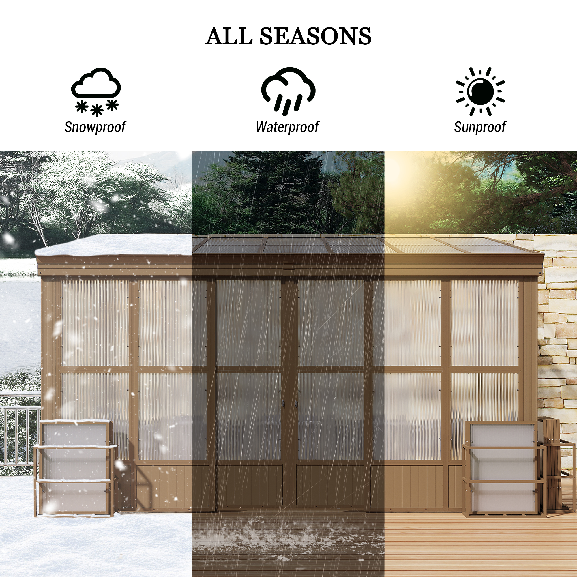 Wall Mounted Solarium with Sloping Polycarbonate Roof, Detachable Polycarbonate Screens, 2 Lockable Sliding Doors, Aluminum Gazebo Against Wall Sun Room for Patio Deck
