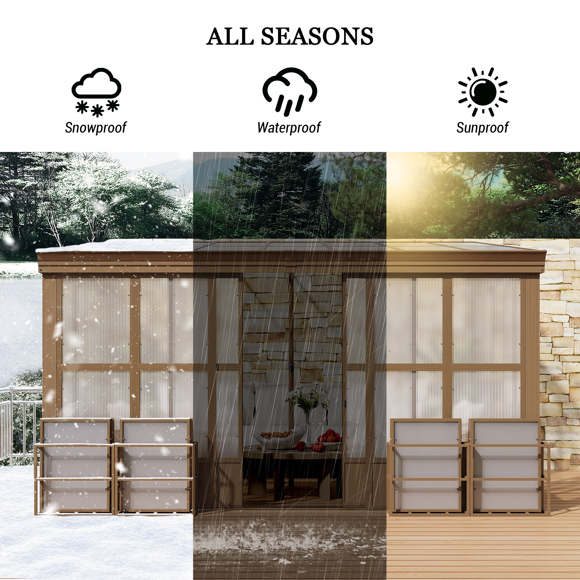 Wall Mounted Solarium with Sloping Polycarbonate Roof, Detachable Polycarbonate Screens, 2 Lockable Sliding Doors, Aluminum Gazebo Against Wall Sun Room for Patio Deck