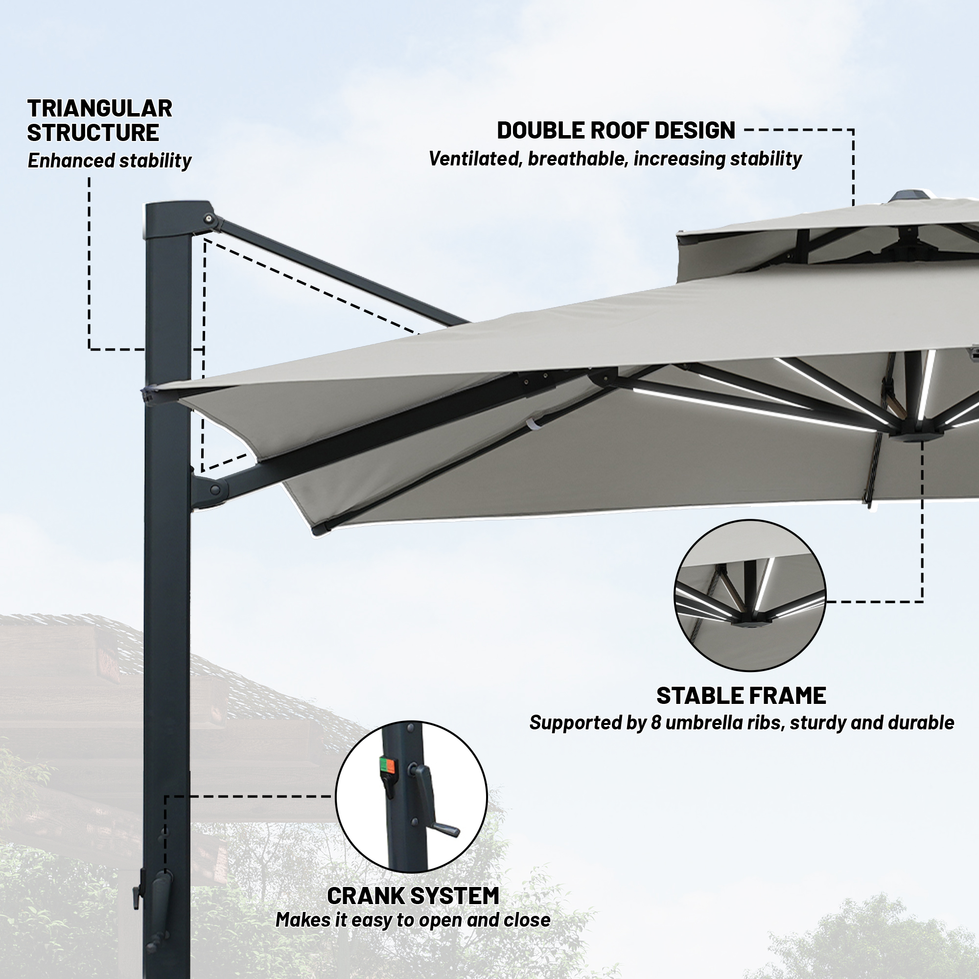 10-Ft Aluminum Patio Cantilever Umbrella with Base and Removable Lights