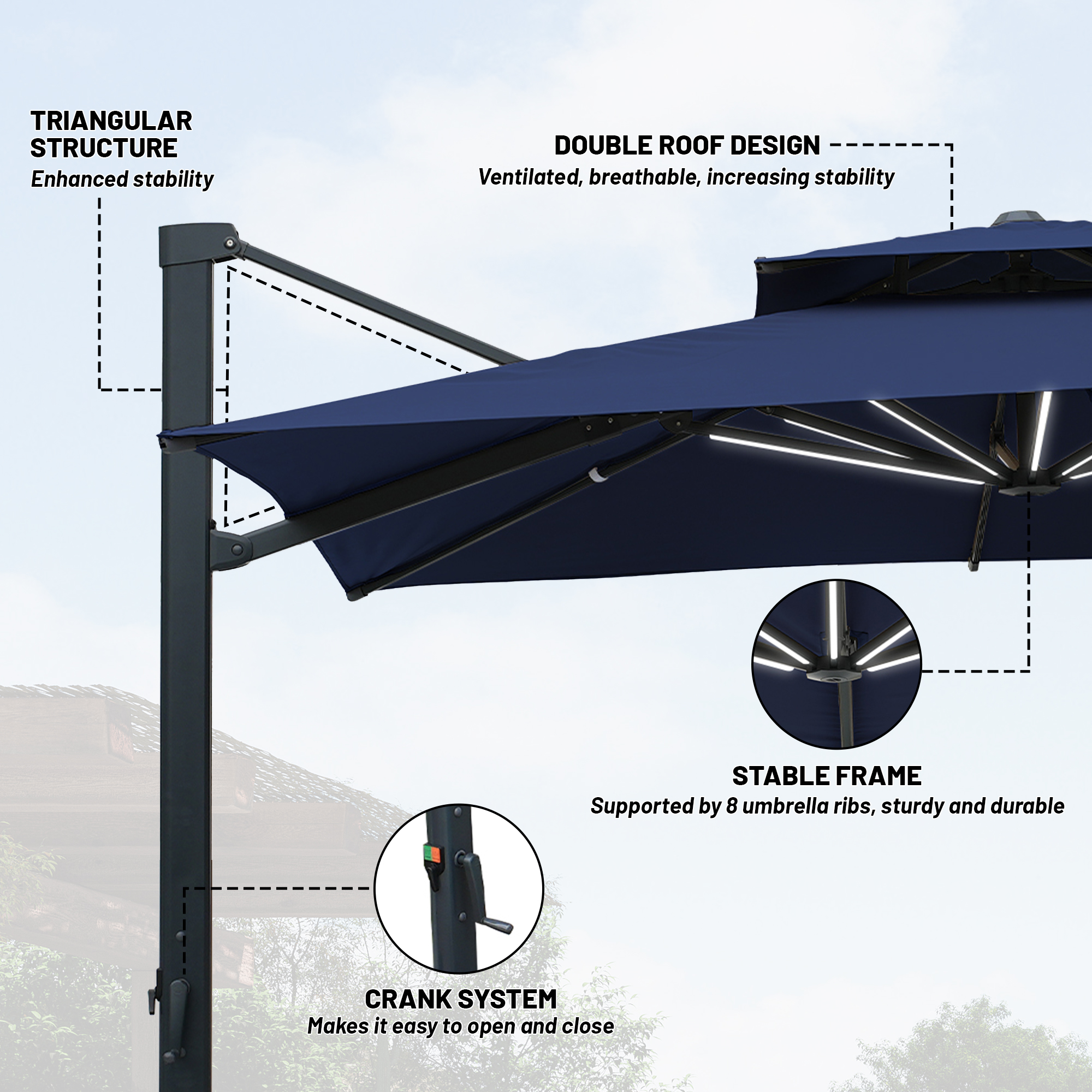 10-Ft Aluminum Patio Cantilever Umbrella with Base and Removable Lights