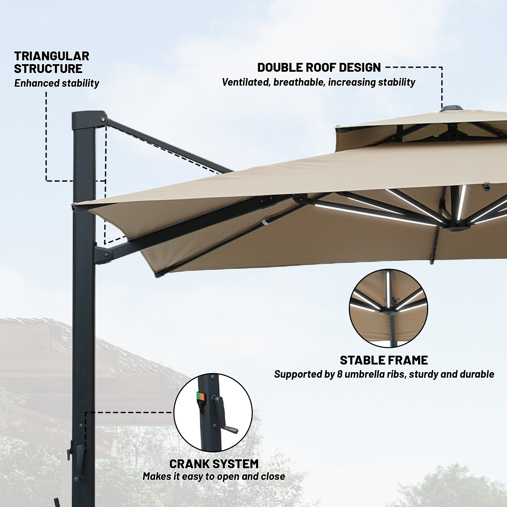 10-Ft Aluminum Patio Cantilever Umbrella with Base and Removable Lights