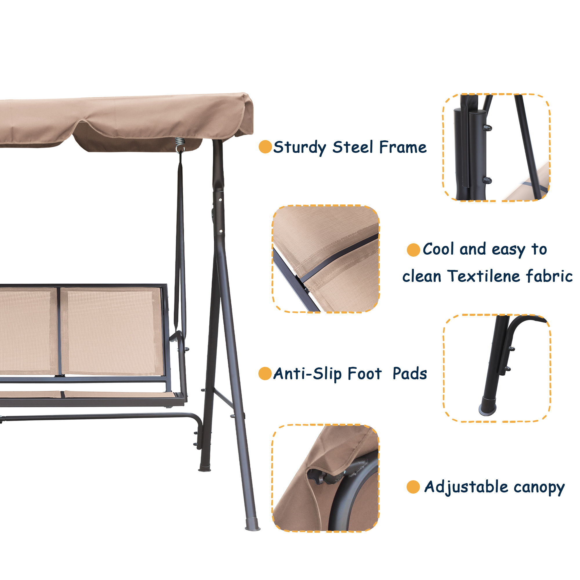 Textilence 3 Seats Steel Frame Patio Swing Chair Swing Glider with Removable Canopy