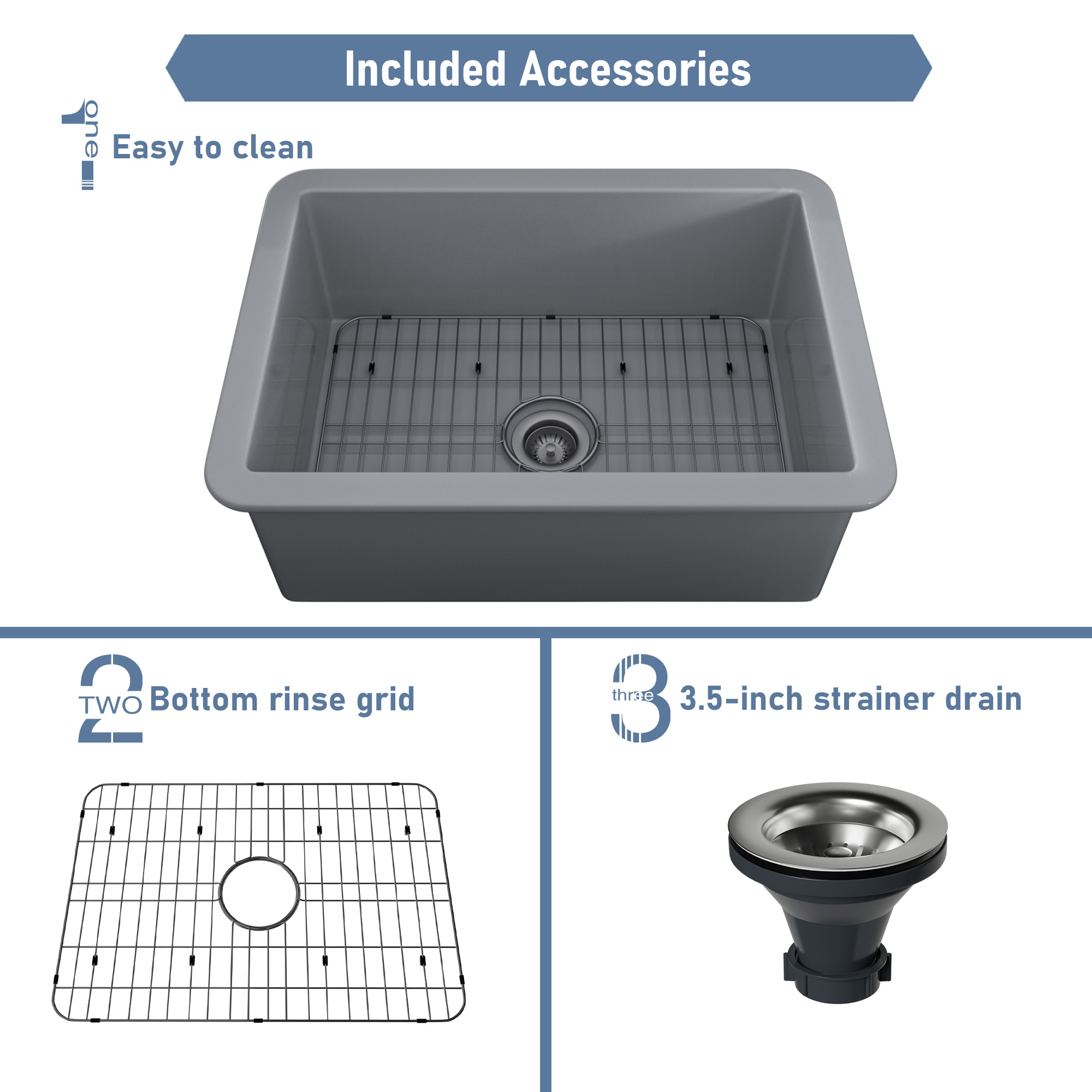27-Inch Matte Gray ingle Bowl Fireclay Kitchen Sink with Grid and Drainer，Undermount