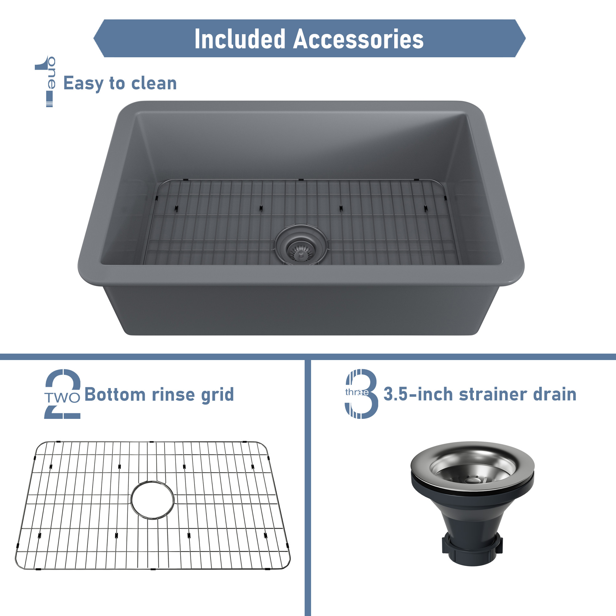 Matte Gray ingle Bowl Fireclay Kitchen Sink with Grid and Drainer，Undermount
