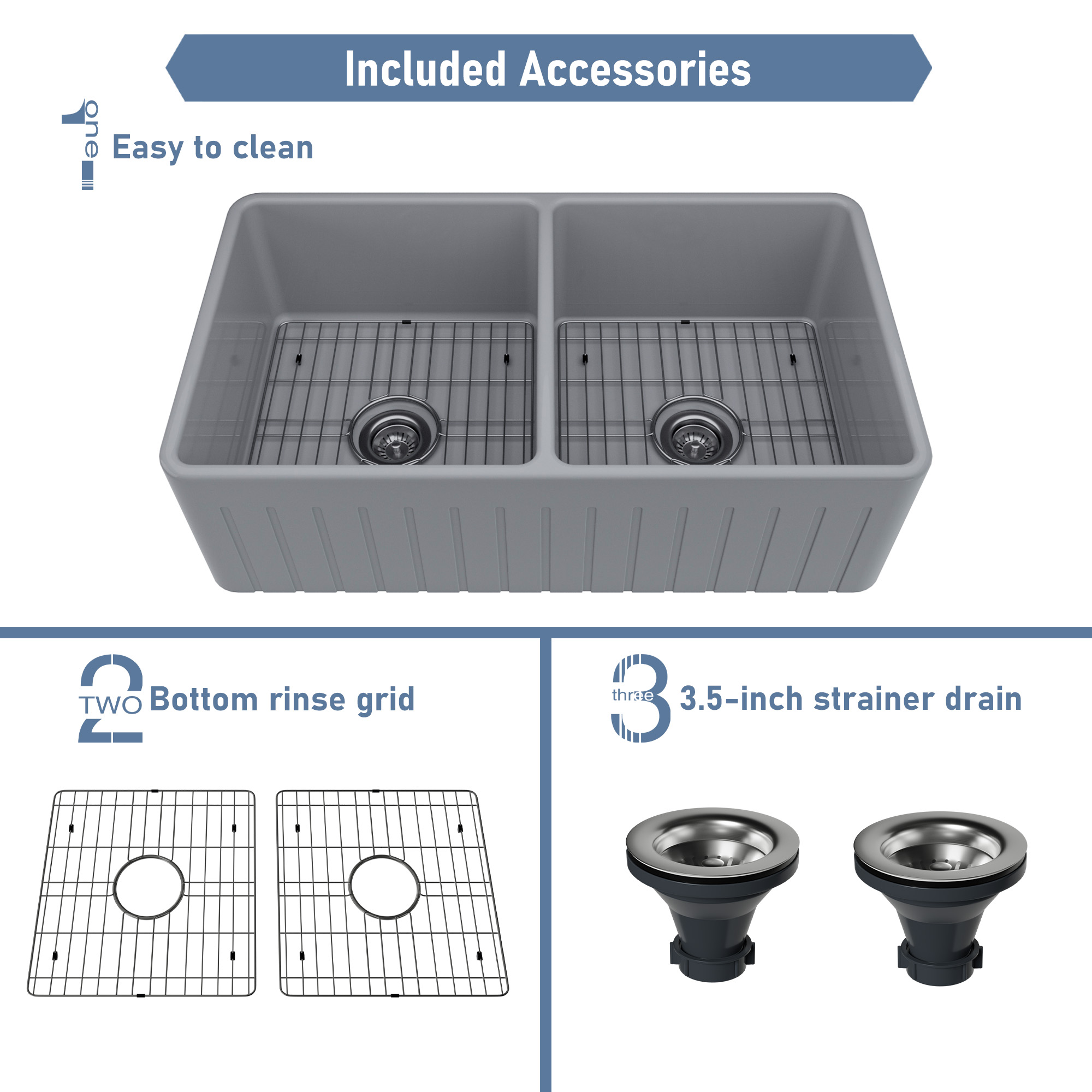 Boyel Living 33 in. Farmhouse/Apron-Front Double Bowl Matte Gray Fine Fireclay Kitchen Sink with Bottom Grid and Strainer Basket