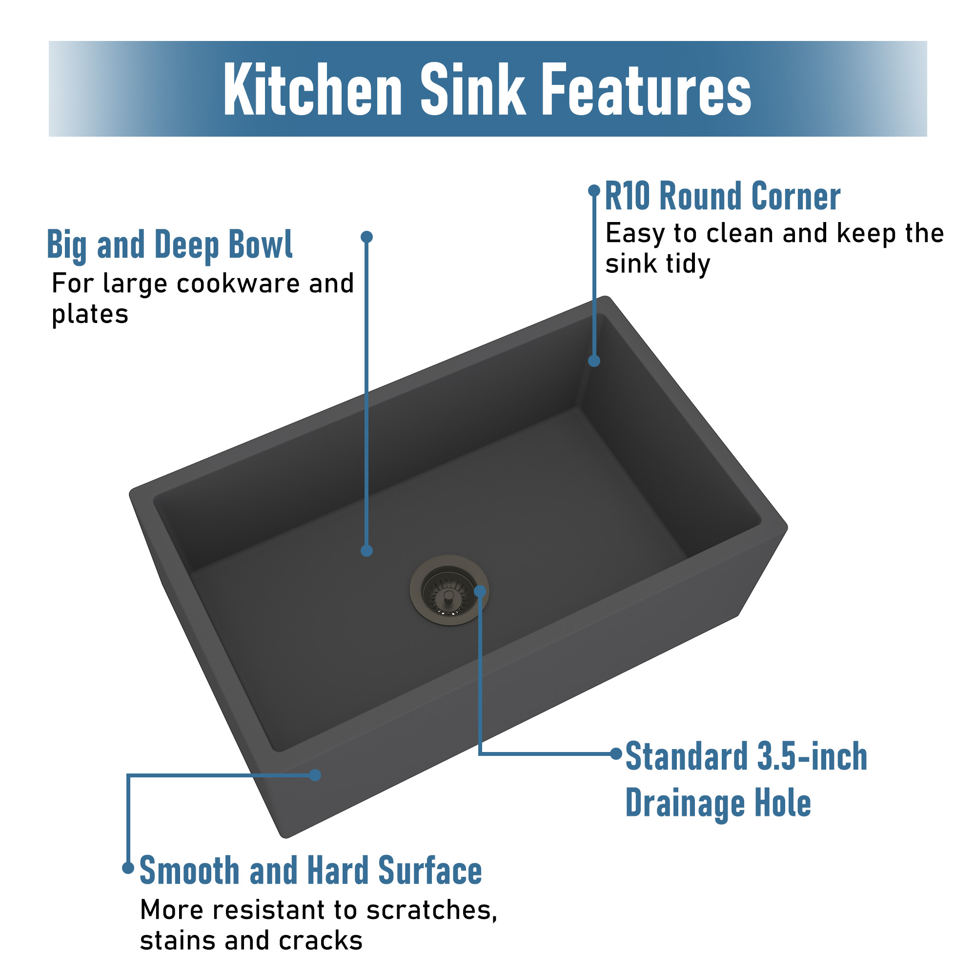 Boyel Living 30 in. Farmhouse/Apron-Front Single Bowl Black Earth S4 Concrete Kitchen Sink with Bottom Grid and Strainer Basket