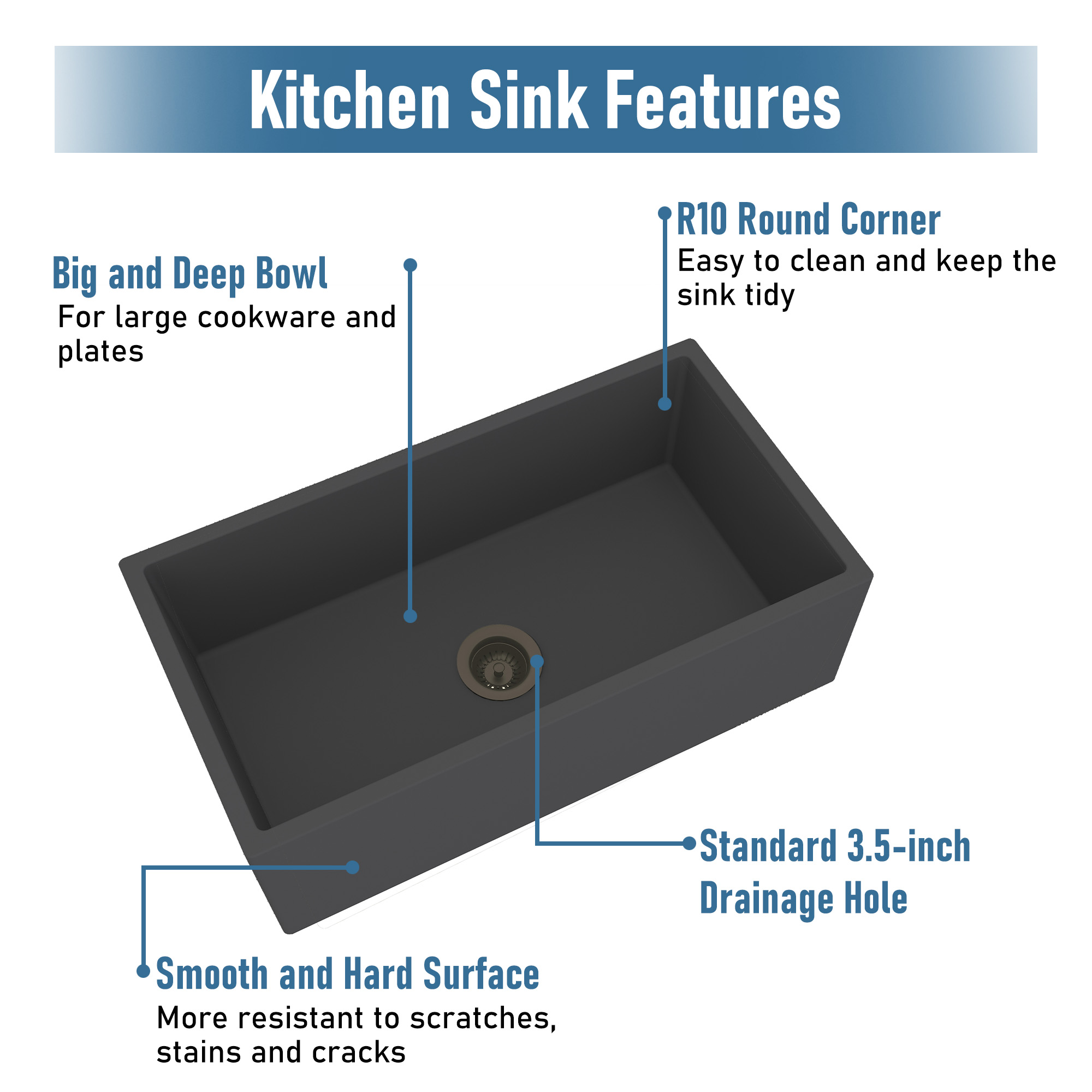 Boyel Living 33 in. Farmhouse/Apron-Front Single Bowl Black Earth S4 Concrete Kitchen Sink with Bottom Grid and Strainer Basket