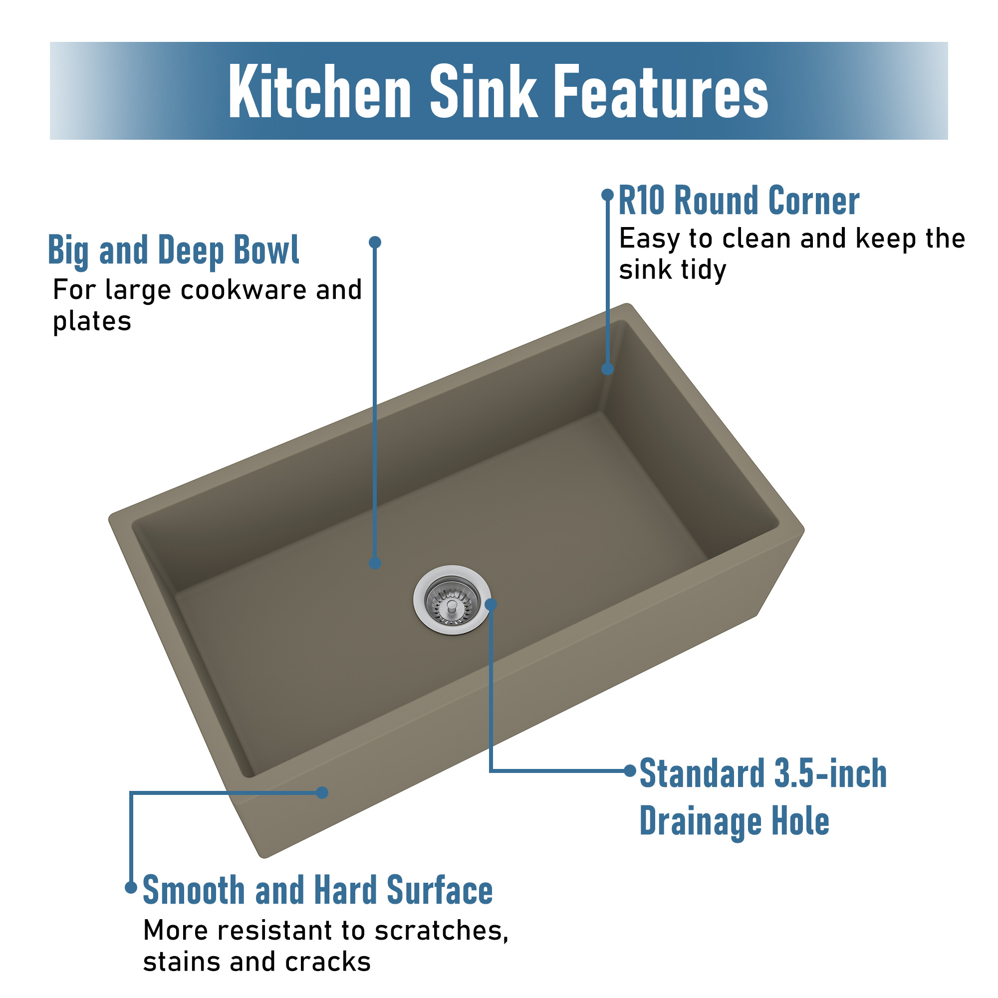 Boyel Living 33 in. Farmhouse/Apron-Front Single Bowl Black Earth S4 Concrete Kitchen Sink with Bottom Grid and Strainer Basket