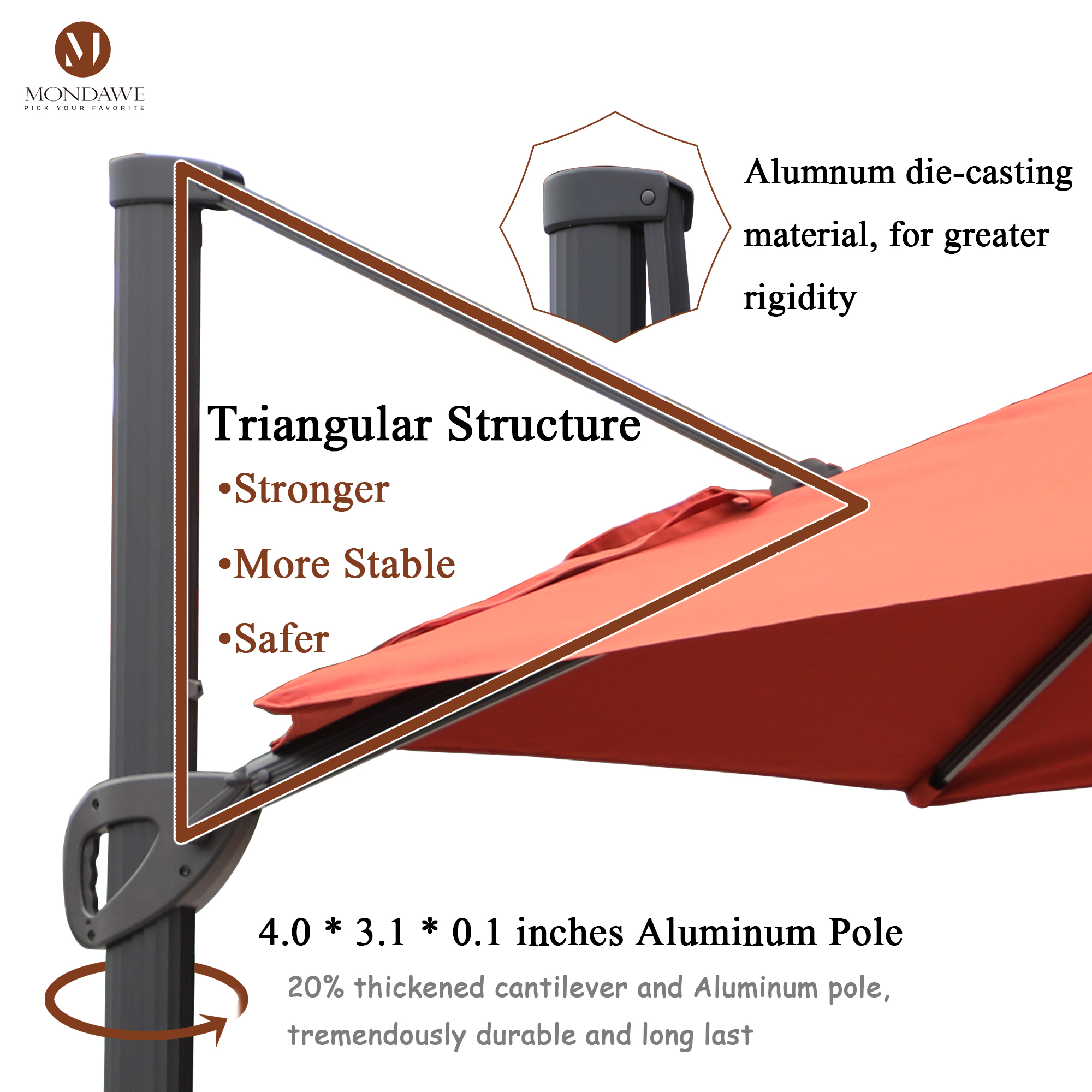 Mondawe 11 ft. Aluminum 360° Rotation Cantilever Patio Umbrella with Base for Garden Balcony-Mondawe
