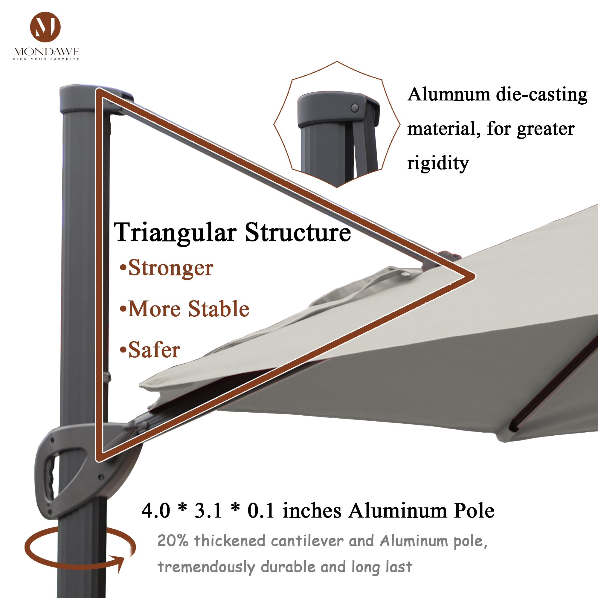 Mondawe 11 ft. Aluminum 360° Rotation Cantilever Patio Umbrella with Base for Garden Balcony-Mondawe